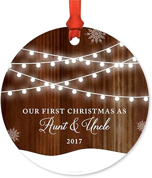 Andaz Press Custom Year Family Metal Christmas Ornament, Our First Christmas As Aunt and Uncle 2026, Rustic Wood Snow Shining Ball Lights, 1-Pack, Includes Ribbon and Gift Bag
