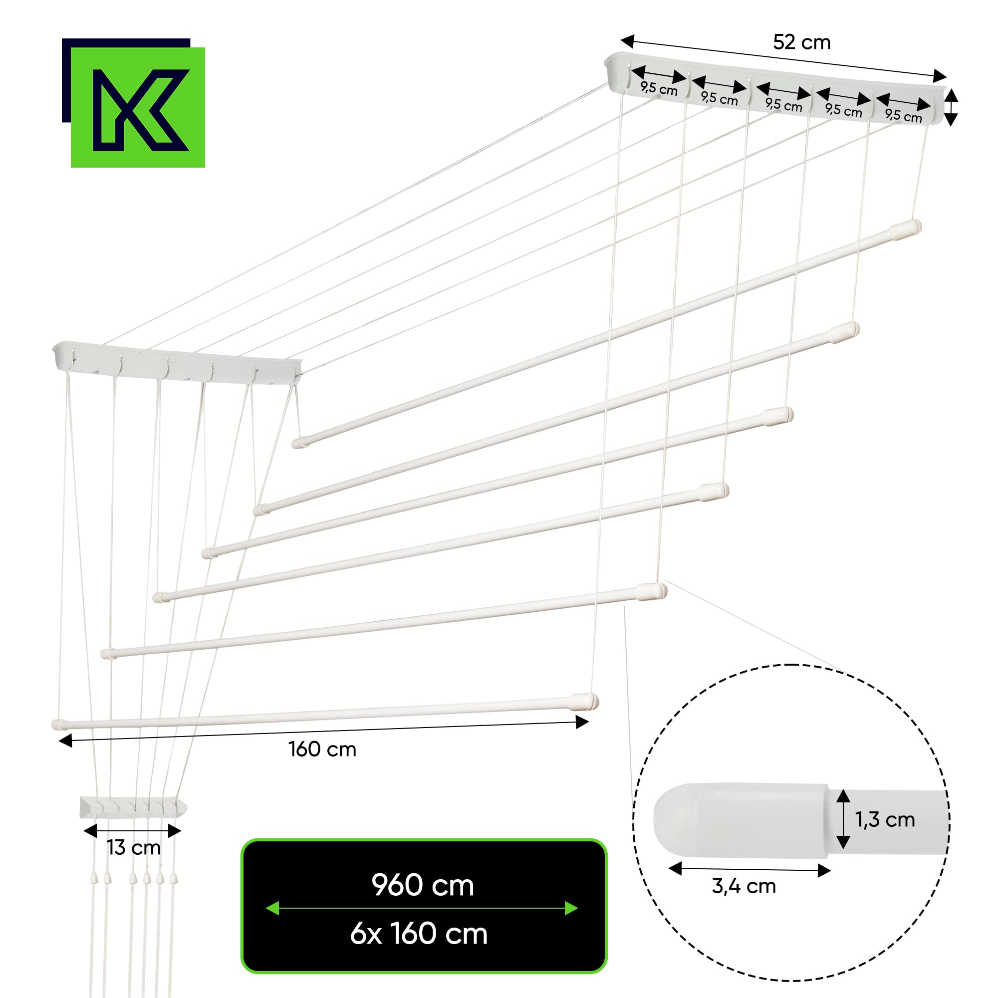 KADAX Suszarka sufitowa na pranie 6x160 cm biały, udźwig 12 kg, stalowe pręty powlekane PE, oszczędza miejsce po złożeniu
