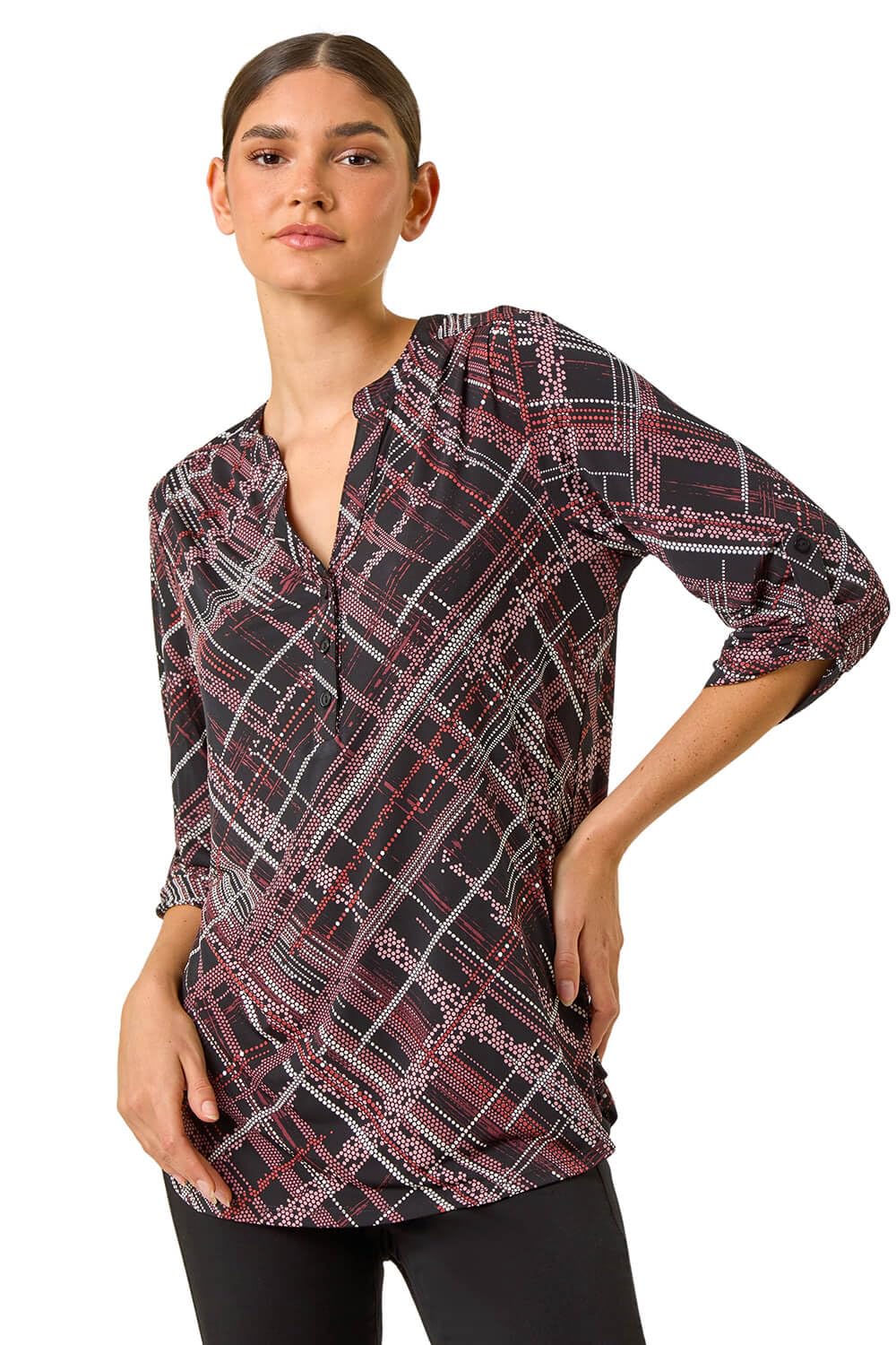 Roman Shirt for Women UK Ladies Top Collarless Blouse Stretchy Tunic Smart Casual Autumn Winter Jersey 3/4 Length Sleeve Notch V Neck Flattering Office Work