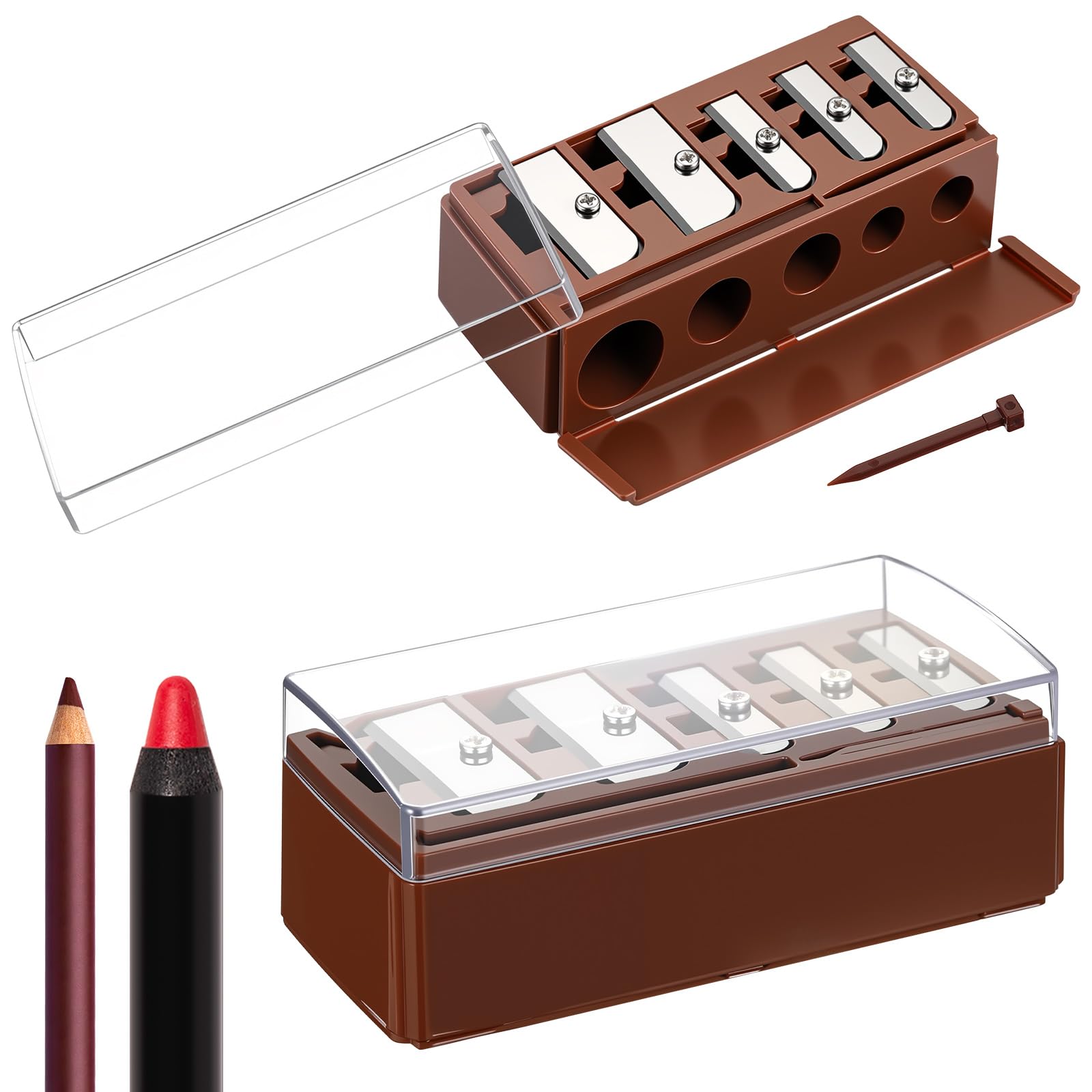 Honoson 2 Pcs 5 Hole Eye Pencil Sharpener with Lid for Makeup, Brown