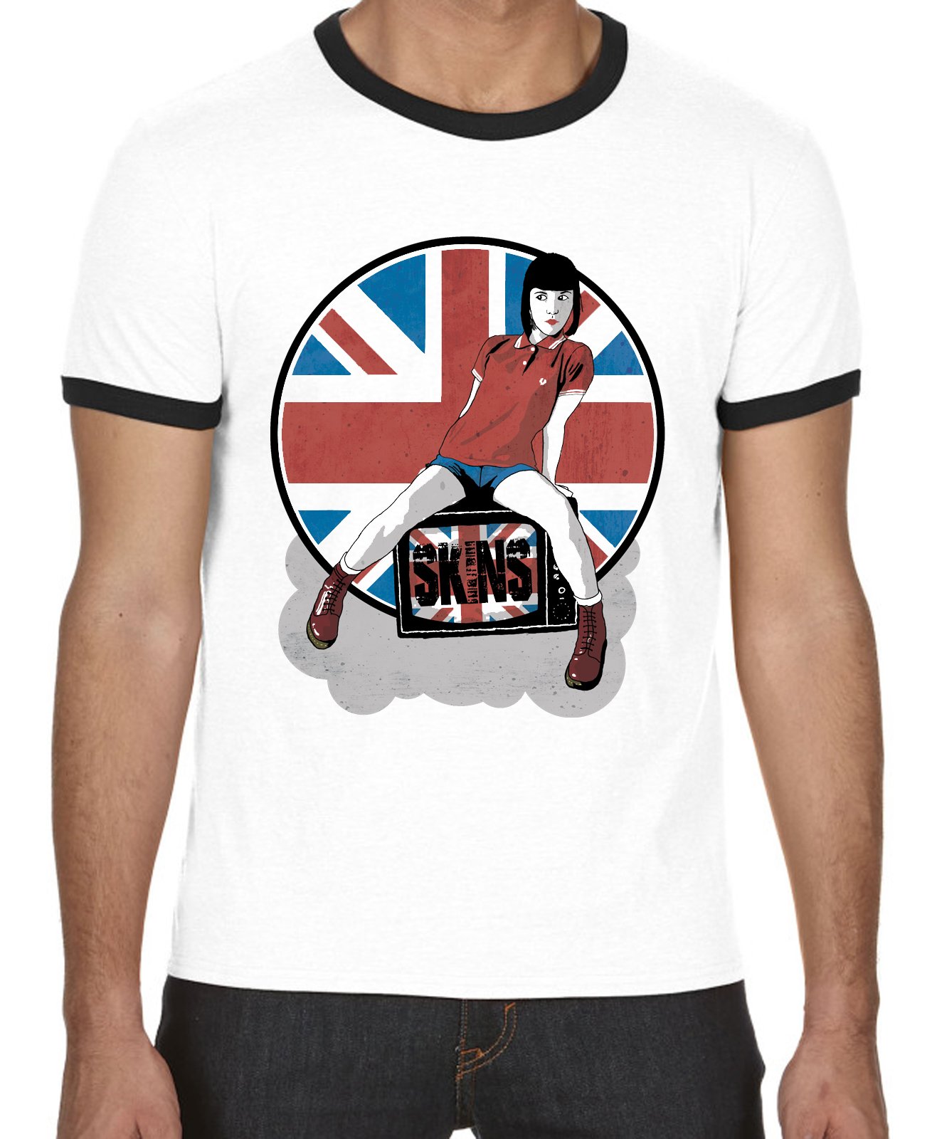 Tribal T-Shirts Skinhead Girl Union Jack Men's Ringer T-Shirt (XL, White)