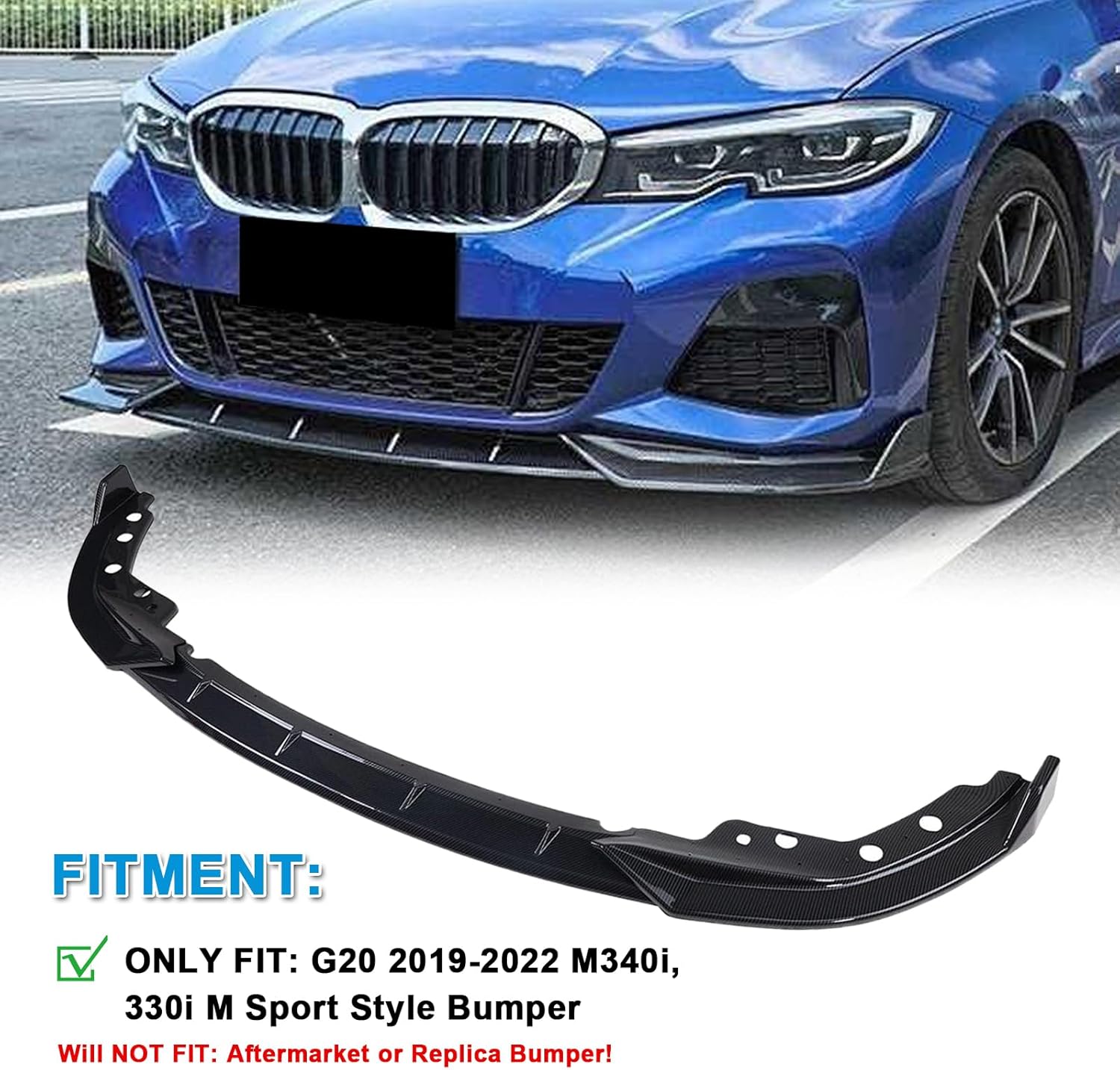 KHK Front Bumper Lip Spoiler for BMW 3 Series G20 M-Sport Bumper M340i 330i 2019-2022,Carbon Fiber Look ABS Air Dam Front Splitter Body Kit Accessories