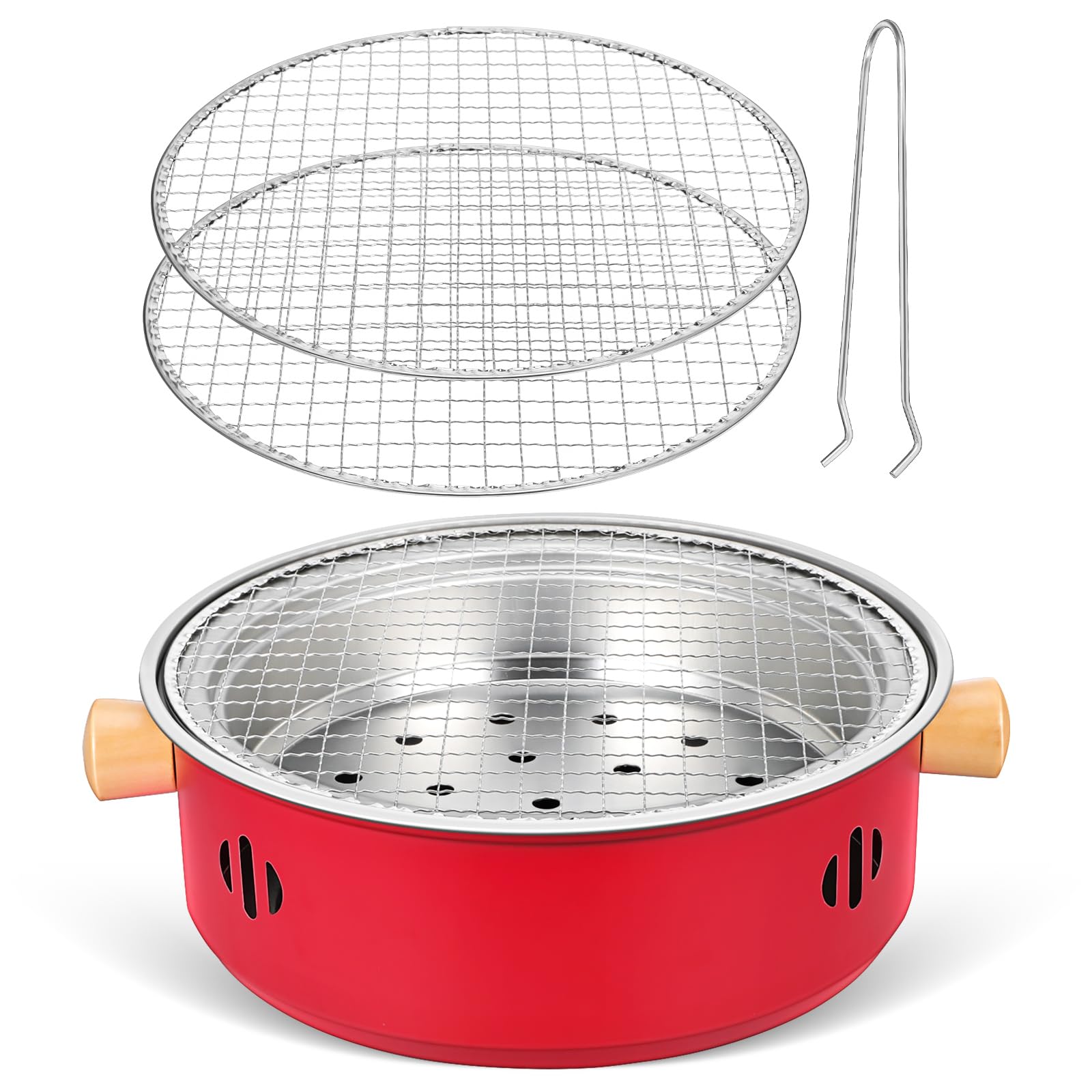 ifundom Parrilla de Carbón Portátil de Hierro Roja 3 Rejillas Estufa Desmontable para Barbacoa al Aire Libre Camping Jardín y Picnic
