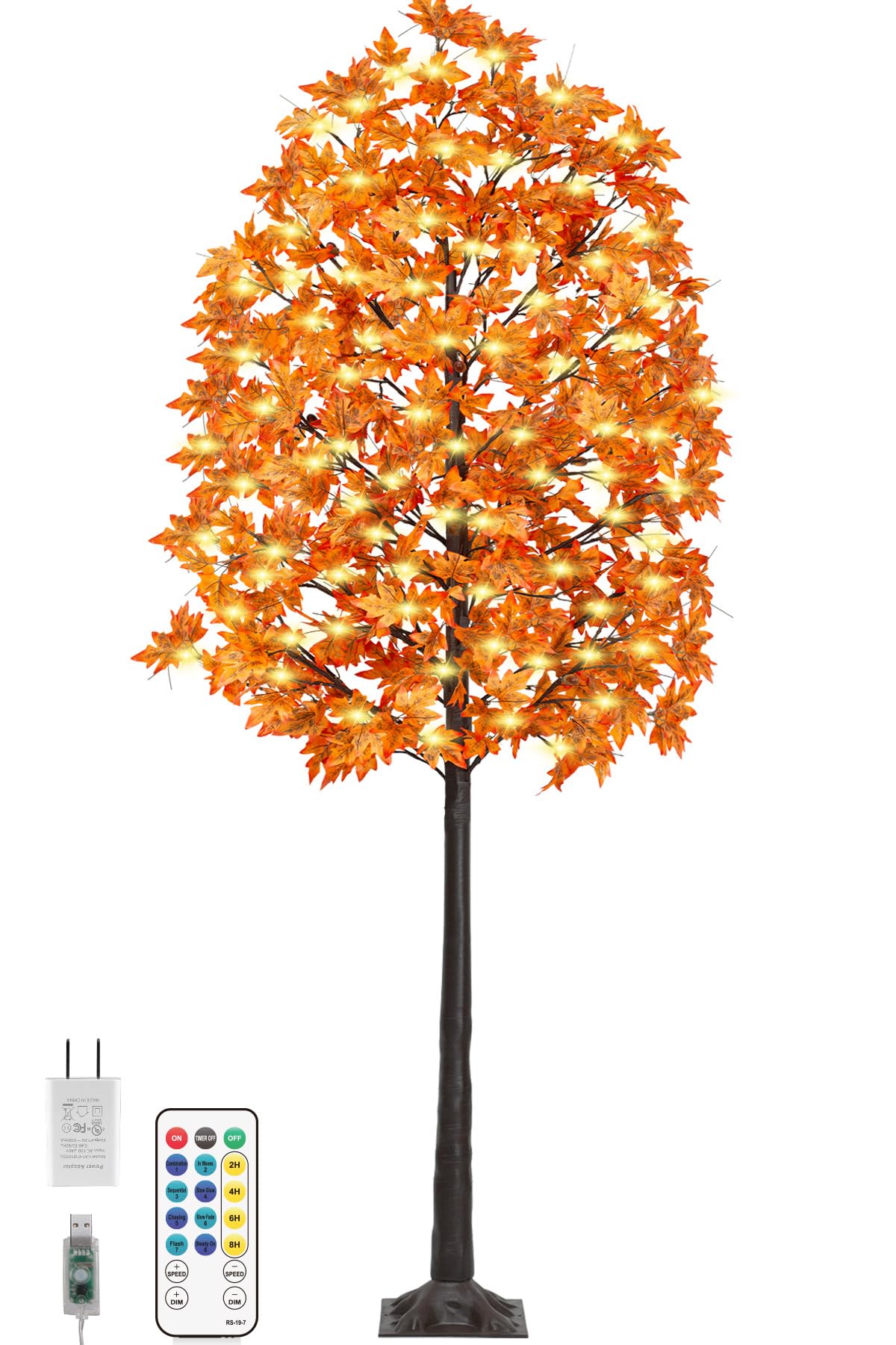8FT 210 LED Lighted Maple Tree - Thanksgiving Decor Artificial Fall Tree with 21 Branches, 21 Acorns 420 Leaves, Remote 8 Flashing Modes, Timing, DC 5V Safe for Outdoor Wedding Party Autumn Decor