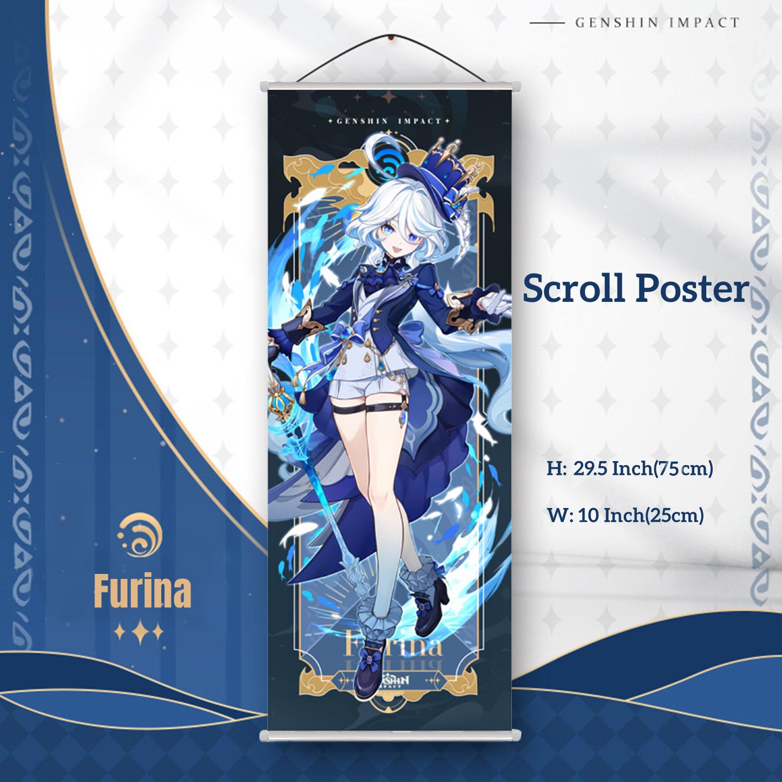 Genshin Impact Box Furina Merch Ensemble de marchandises – Poupée en peluche, affiche, tapis de souris, figurine de support, bracelet, badge, porte-clés, porte-cartes et 30 cartes Lomo, 50