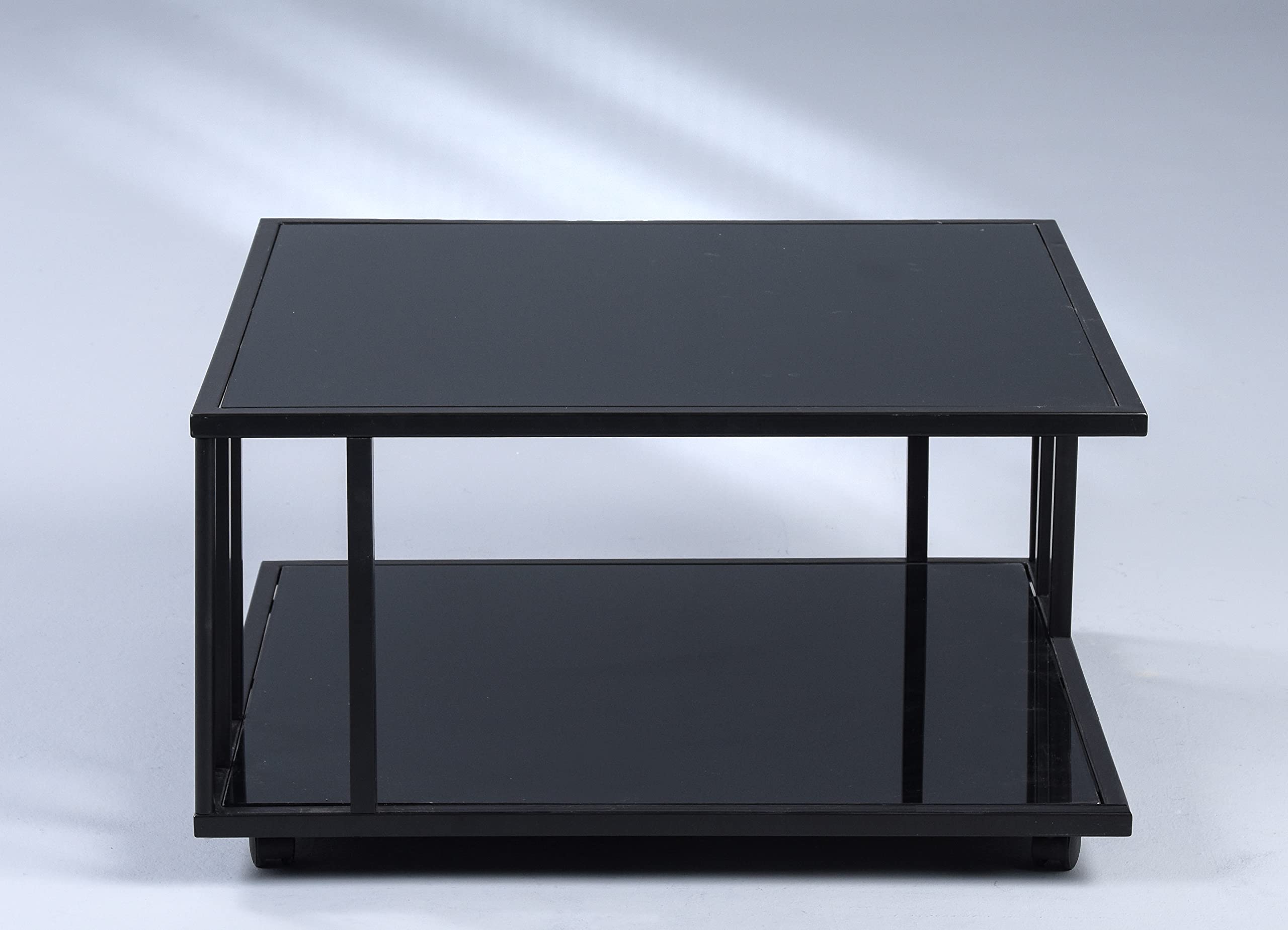M2 Kollektion Paris 2 – Moderner Couchtisch 75x41x75 cm | Deck- und Ablageplatte aus 6 mm schwarz lackiertem Glas | Metallgestell auf Rollen