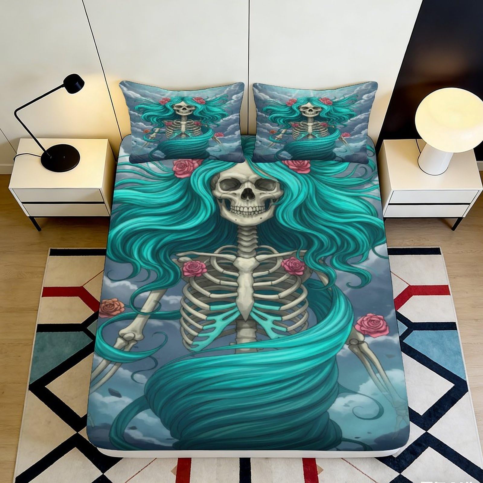 3D Printed Skeleton Art Fitted Sheet Microfiber Soft Bedroom Decor Gothic Green Hair Mattress Cover 90x200x25cm