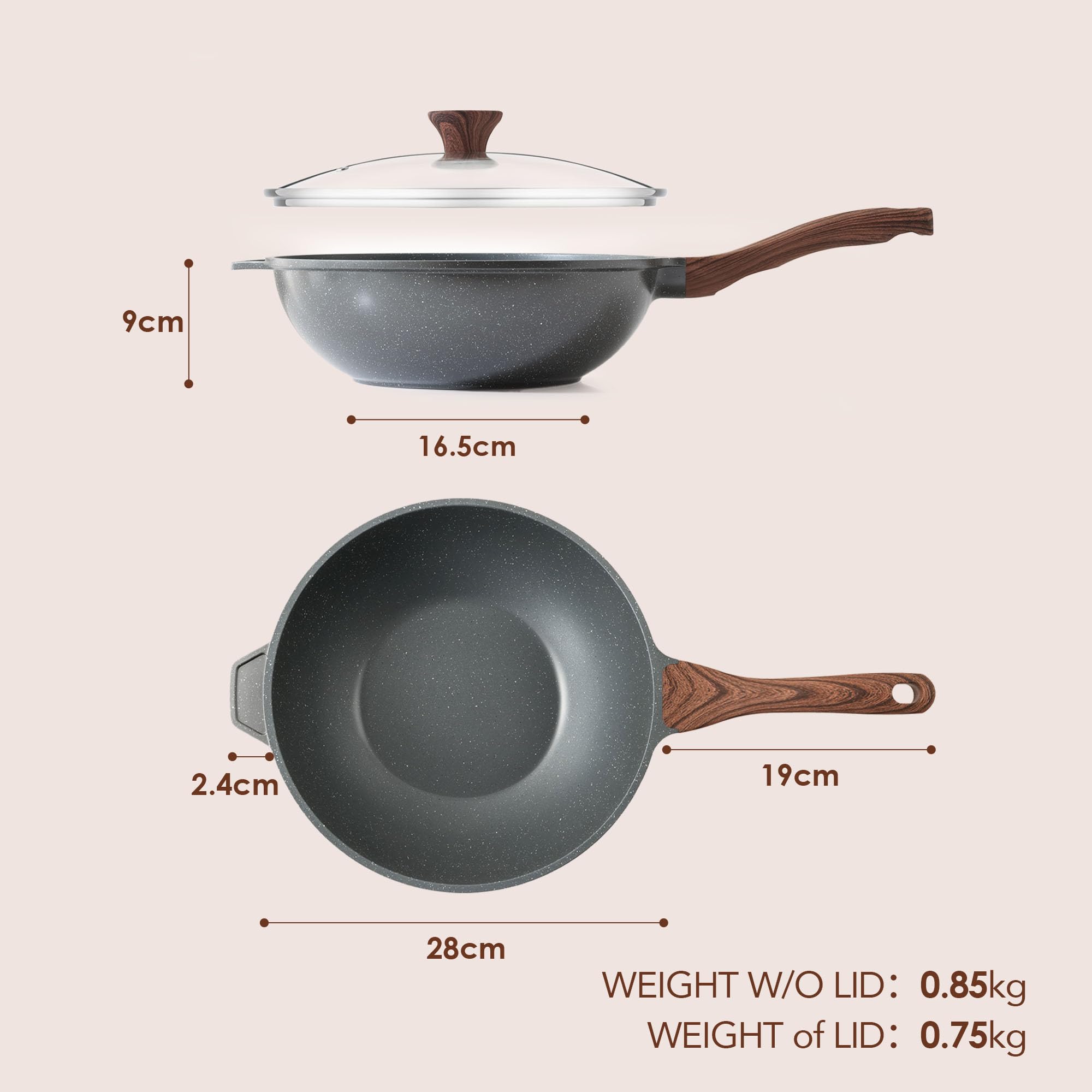 SENSARTE Patelnia nieprzywierająca 28 cm, głęboka patelnia wok z pokrywką