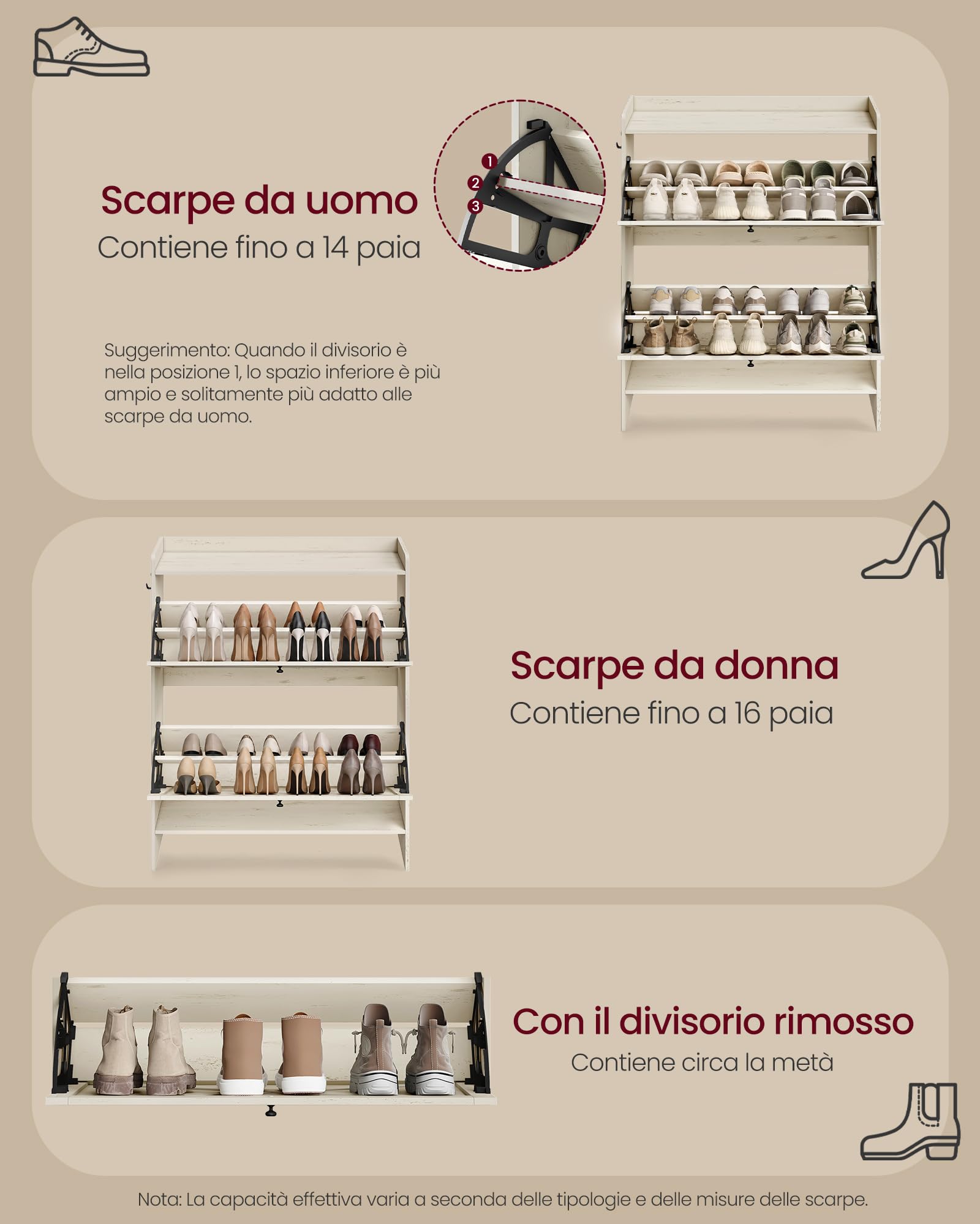 VASAGLE Scarpiera, Mobile Porta Scarpe Salvaspazio con 2 Cassetti a Ribalta e Ganci, 83 x 24 x 102,2 cm, per Ingresso, Stile Rustico, Bianco Nuvola, Collezione HAINS HSC203WJ01