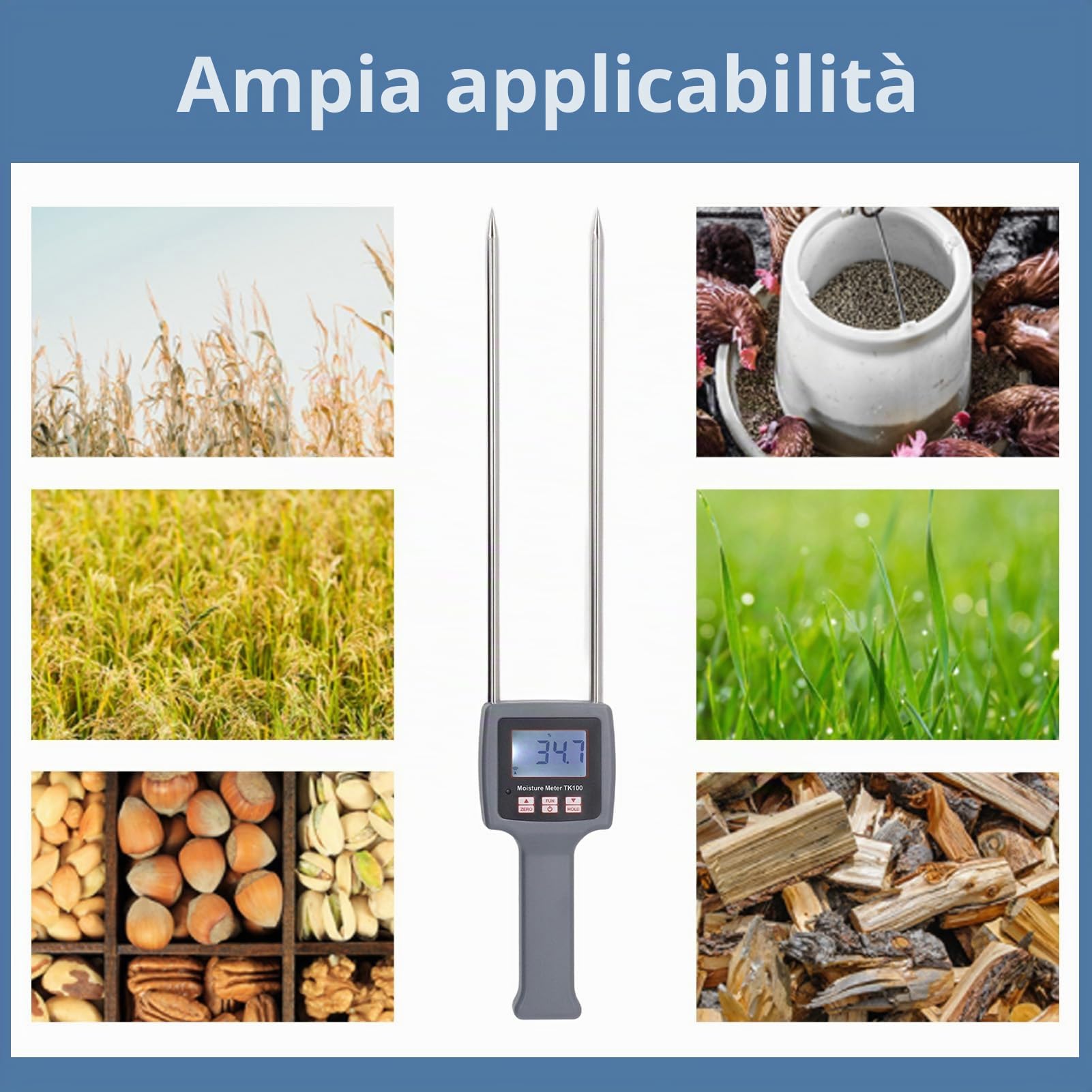 Fabater Misuratore di umidità del Fieno Portatile TK100H, Misuratore di umidità per Fieno con Sonda, Display Retroilluminato per Fieno, da Foraggio, Leymus Chinensis, Medica