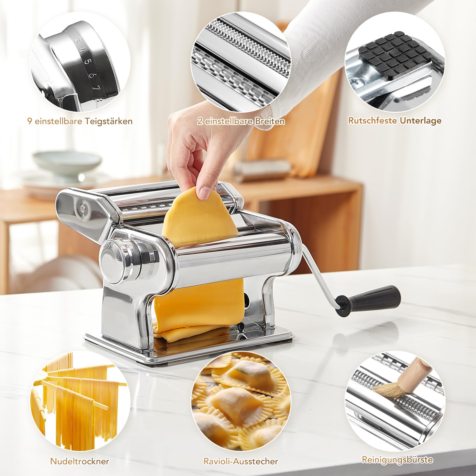 ROSSETTO Manuelle Nudelmaschine mit Trockner, Edelstahl Pastamaschine mit 9 Teigstärken, 2 Schnittbreiten,Für Lasagne, Spaghetti, Fettuccini, Ravioli-Ausstechern