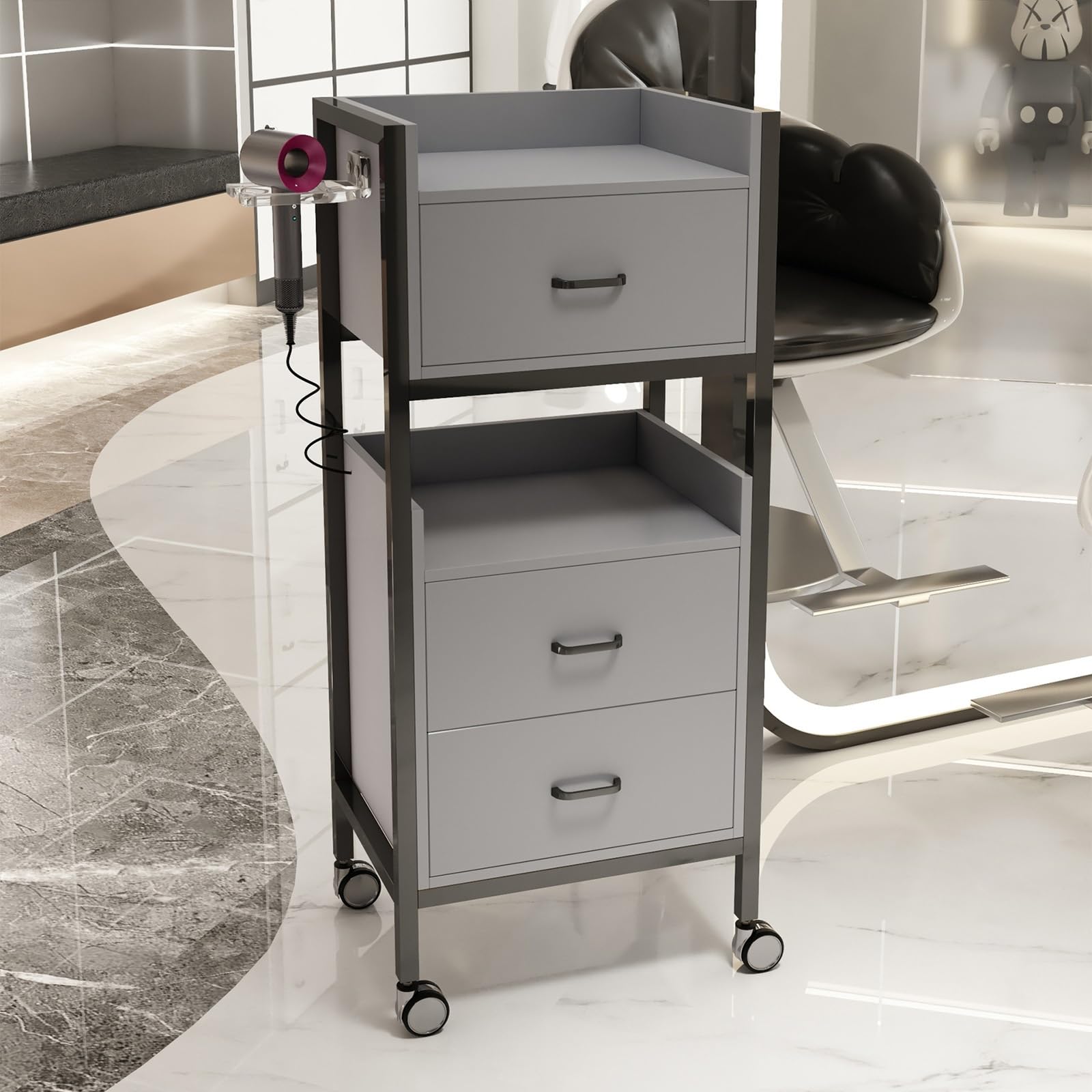 3 Poziomowy Wózek Wielofunkcyjny z Szufladą Metalowy Wózek do Salonu Fryzjerskiego Wielofunkcyjny Organizer Na Narzędzia Fryzjerskie do Salonu Fryzjerskiego I Spa(Gray)