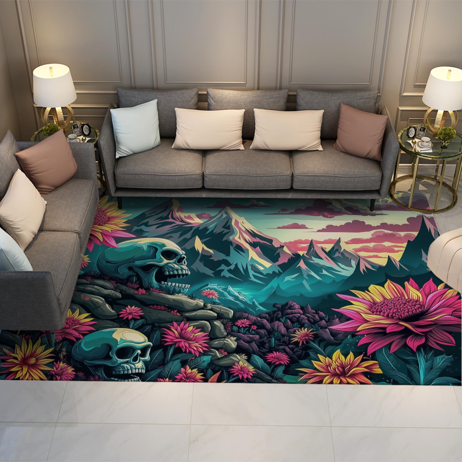 Tapis de salon motif squelette fleur lavable pour sublimer votre chambre