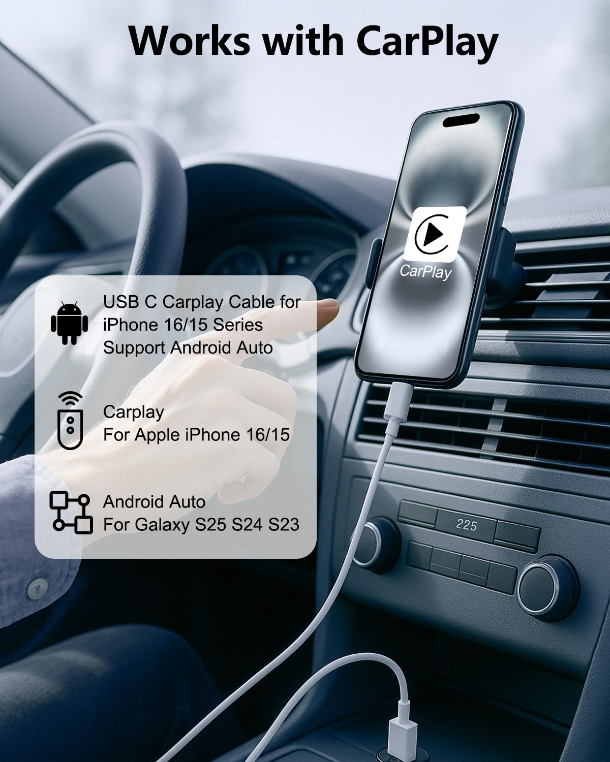 Carplay Cable USB C Carga Rapida para iPhone 17 16 15 Coche, 2Pack 1M Cable USB a USB C para Apple Carplay y Android Auto, cable USB Tipo C Carga Rapida para iPhone 15 16 17 Pro Max/Plus/16e, iPad Air