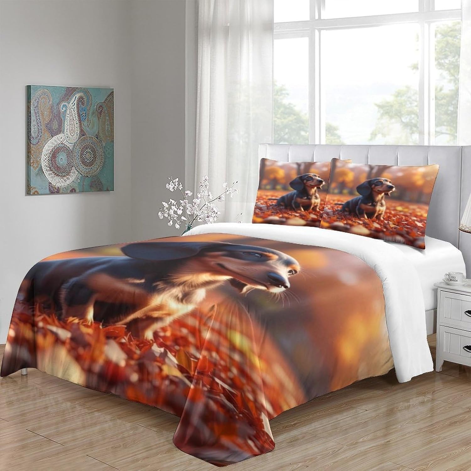 3-częściowy komplet pościeli 220 x 240 cm, z nadrukiem 3D, jamnik, z nadrukiem 3D, zestaw pościeli z mikrofibry, z zamkiem błyskawicznym i 2 poszewkami na poduszkę 80 x 80 cm, C/1380