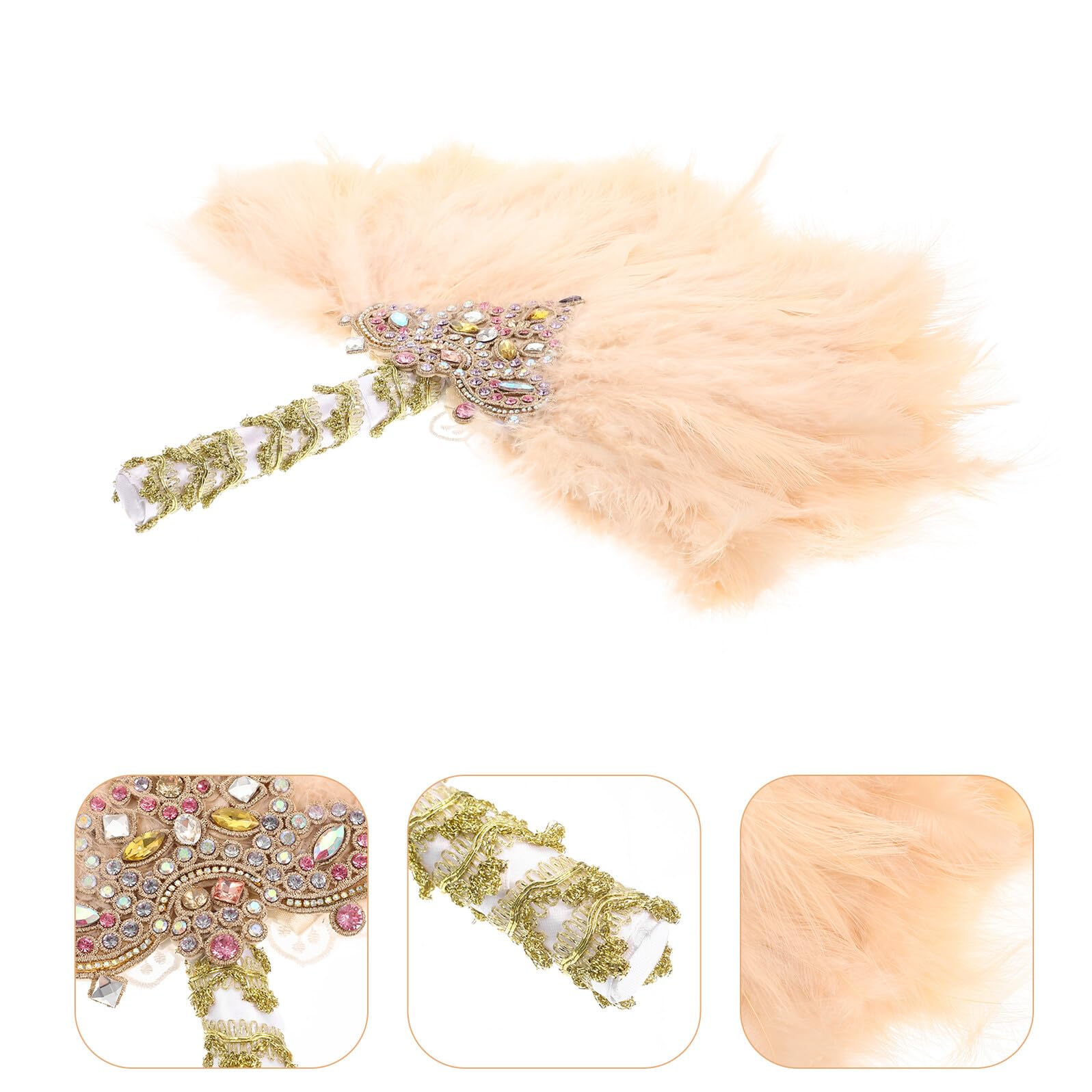 Ventaglio da Sposa Rotondo Beige Piume e Cristalli, Fatto a Mano, Accessorio Fotografico per Matrimoni e Feste