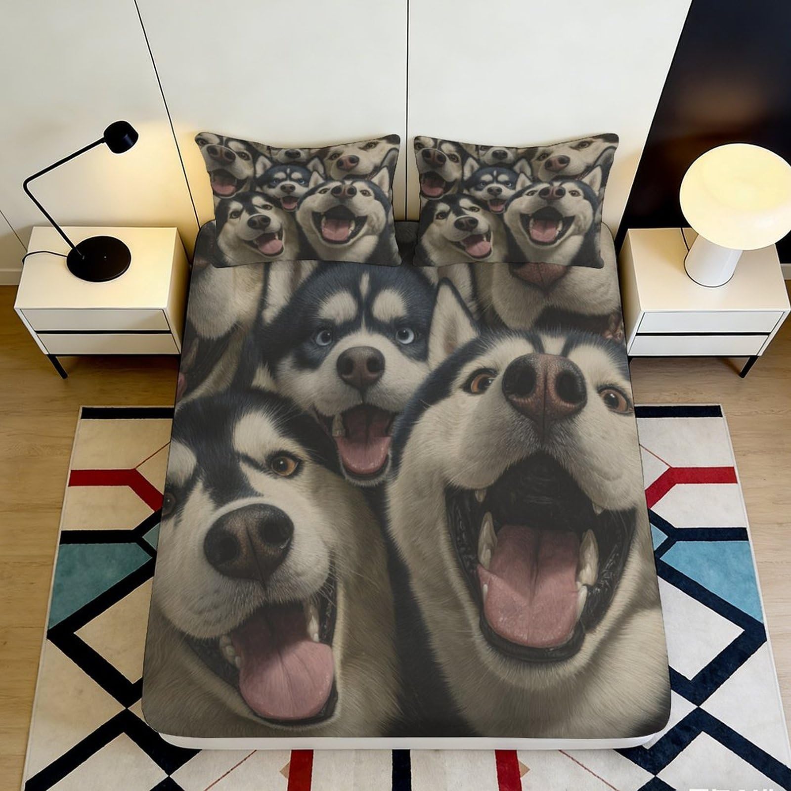 3D Printed Husky Dog Fitted Sheet Microfiber Animal Pattern Mattress Cover for Bedroom Dorm Anti-Slip Easy Care 180x200x25cm