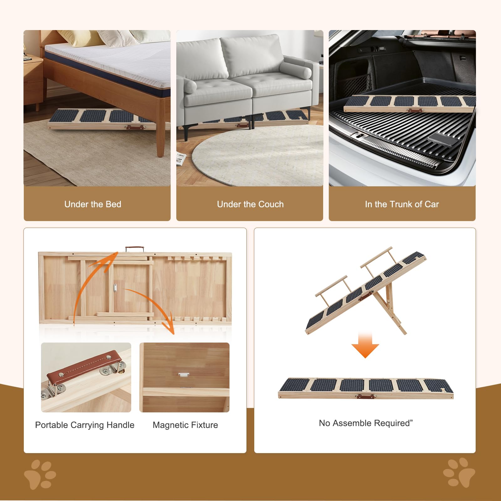 Rampe pour chien en bois pour lit haut, 120 cm de long, rampe antidérapante pour canapé, 6 hauteurs réglables de 40 à 71 cm, avec tapis de traction antidérapant pour chiens de petite, moyenne et