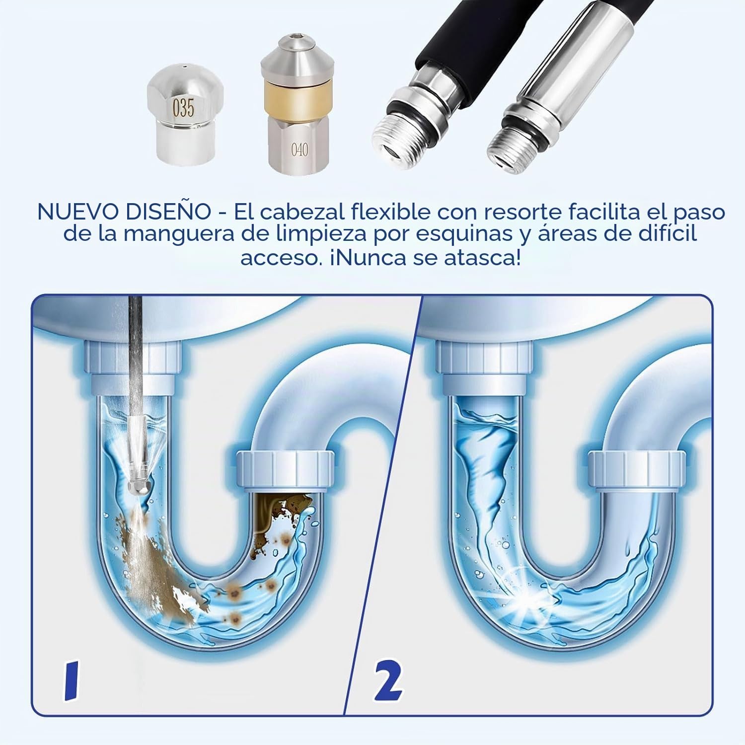 Manguera limpiatuberías 15 m, compatible con Kärcher K2 K3 K4 K5 K6 K7, manguera desatascadora para hidrolimpiadora hasta 400 bar, conexión M22, adaptador, boquillas y cinta PTFE, 60 °C