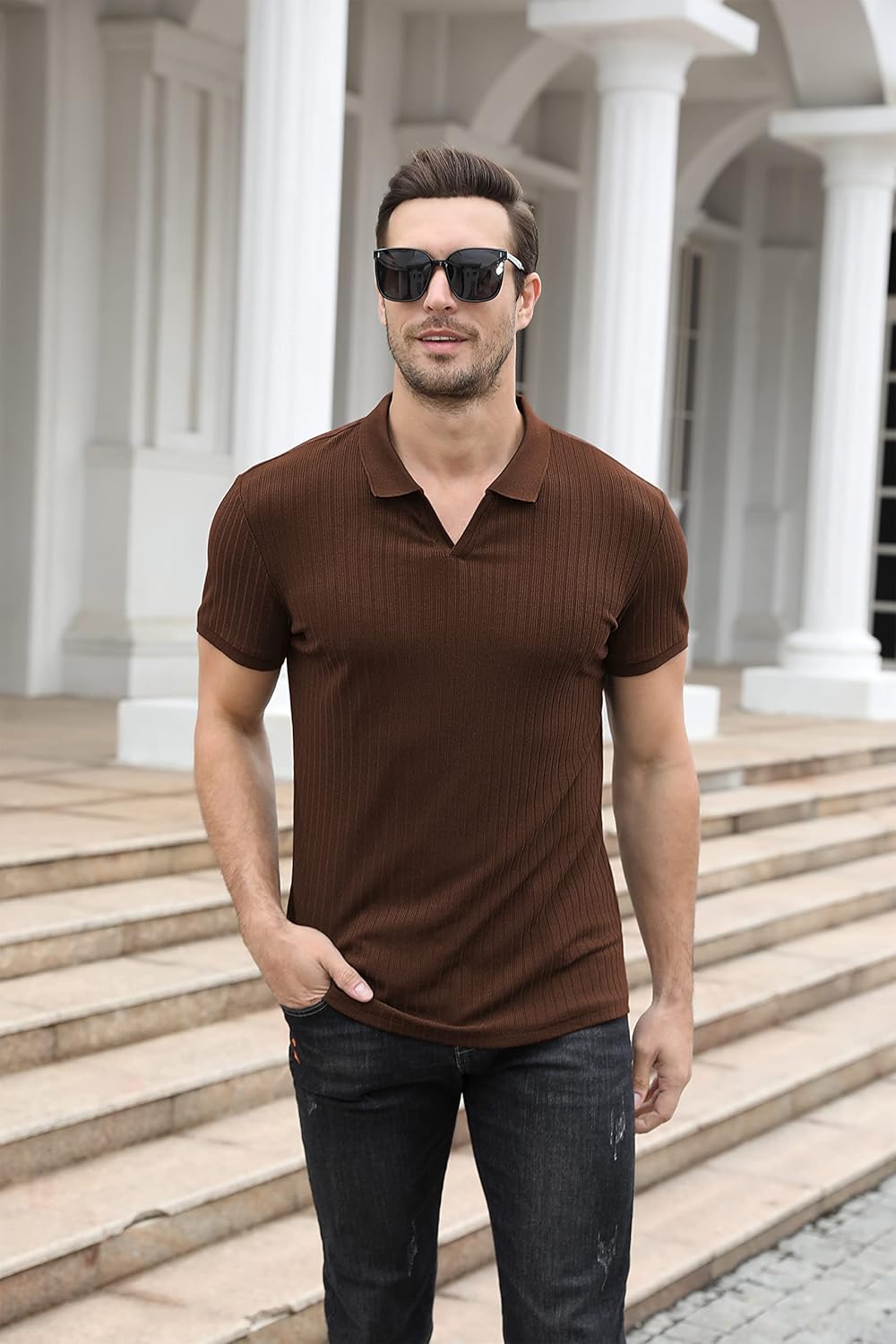 NITAGUT Polo Shirts for Men V Neck Slim Fit Short Sleeve Performance Golf Shirt Knit Soft Tees - Image 4