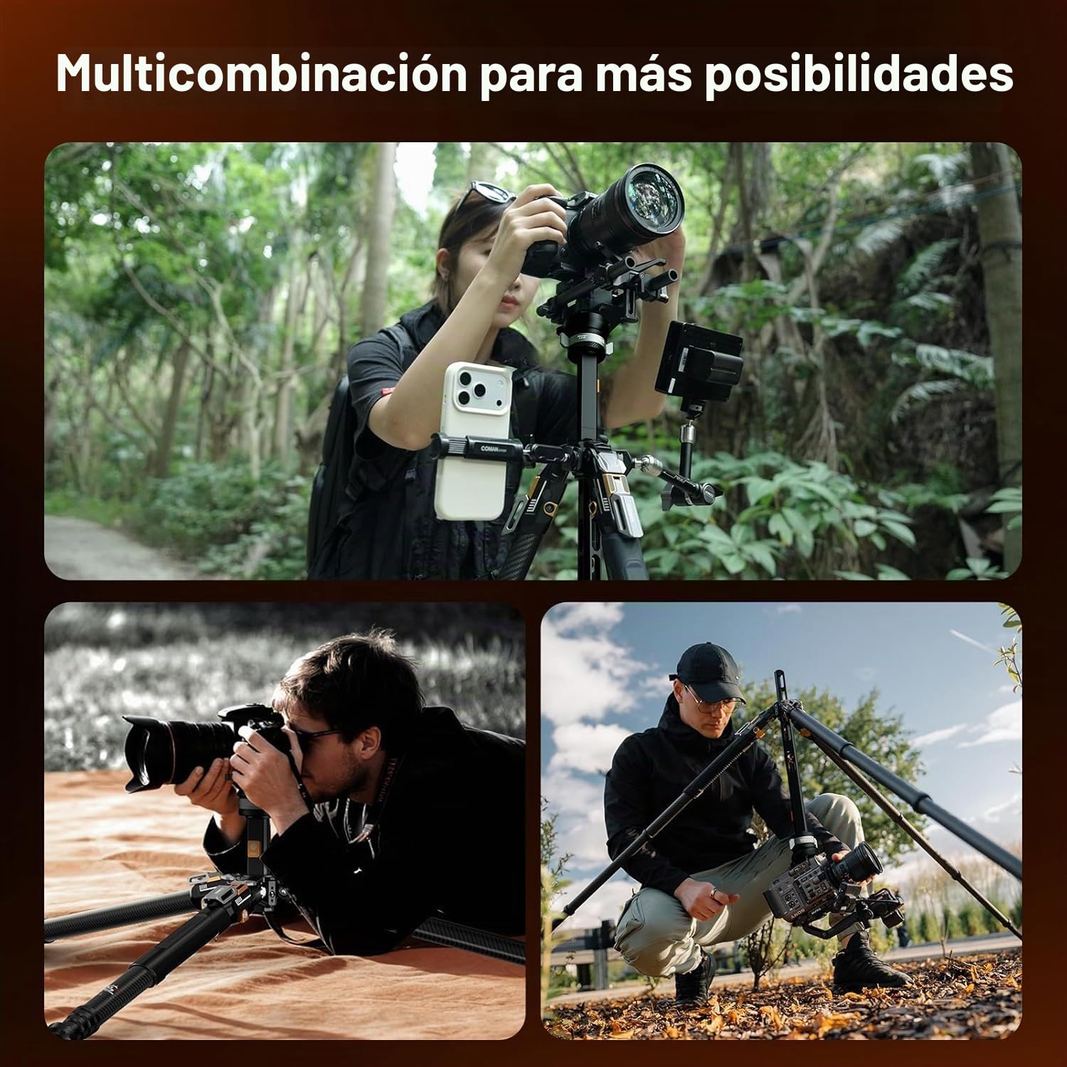 COMAN Trípode Fibra Carbono de Liberación Rápida, Trípode Cámara de 175cm, Patas Cuatro Secciones, ángulo Ajustable Tres Niveles, Equipado con Cabezal Hidráulico V5, Capacidad de Carga Máxima 20kg