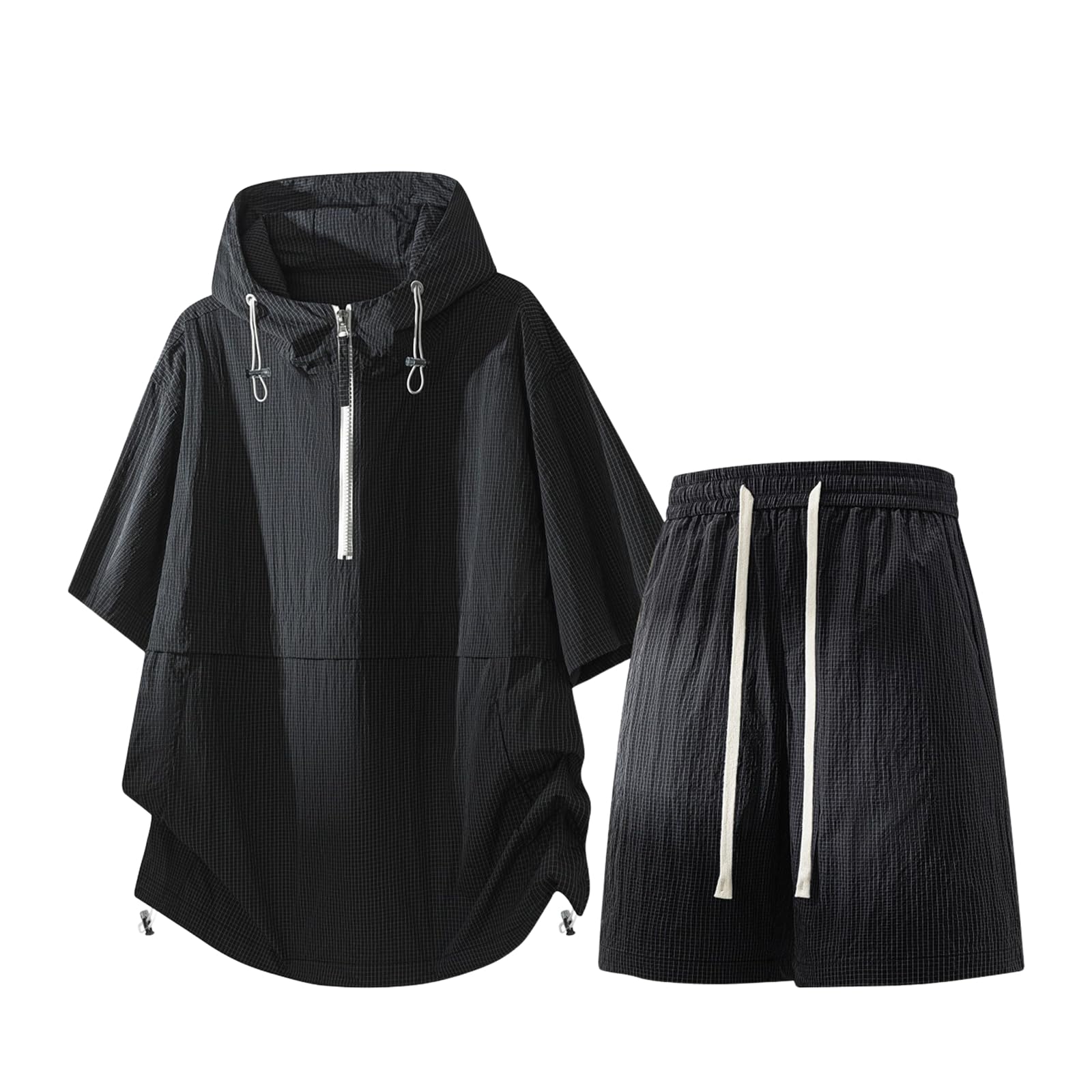 Men's Half Zip Hooded Sport Set Ice Silk Quick Dry T-shirt Shorts 2 Piece Summer-Black-XL