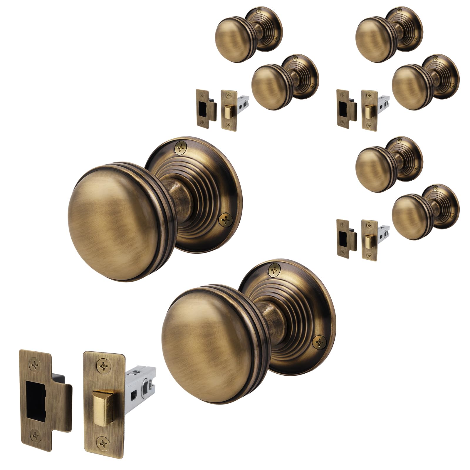 EAI Lined Door Knob Set Antique Brass | 4 Pairs of Mortice Knobs (55mm) & Latches (76mm) for Internal Doors