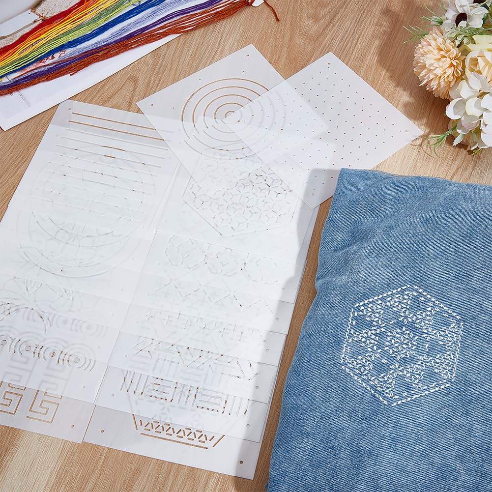 BENECREAT 16Pcs Mixed Styles Plastic Sashiko Stencil, 13x13cm Dots & Lines, Grid, Hexagons - Image 4