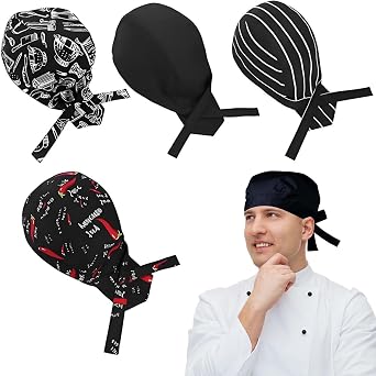 4 Pcs Chef Hat Unisex, Fashion Chef Bandana Hats,Quickly Dry Kitchen Hat Professional Adjustable for Restaurant Hotel Catering Clubber Black