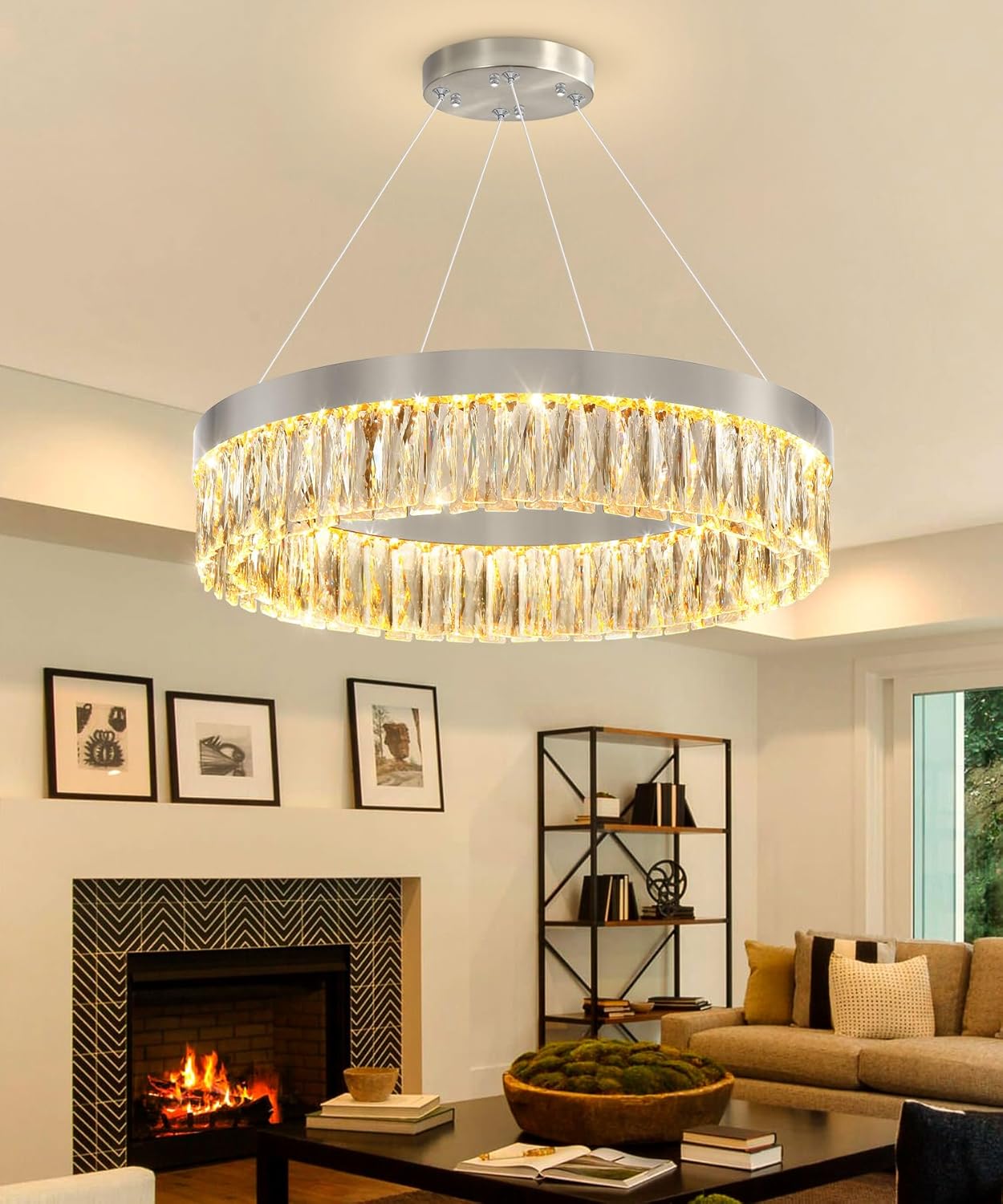 23.6" 1 Ring Modern LED Dimmable Ring Chandelier Adjustable Round Crystal Chandelier for Dining Room Living Room Silver