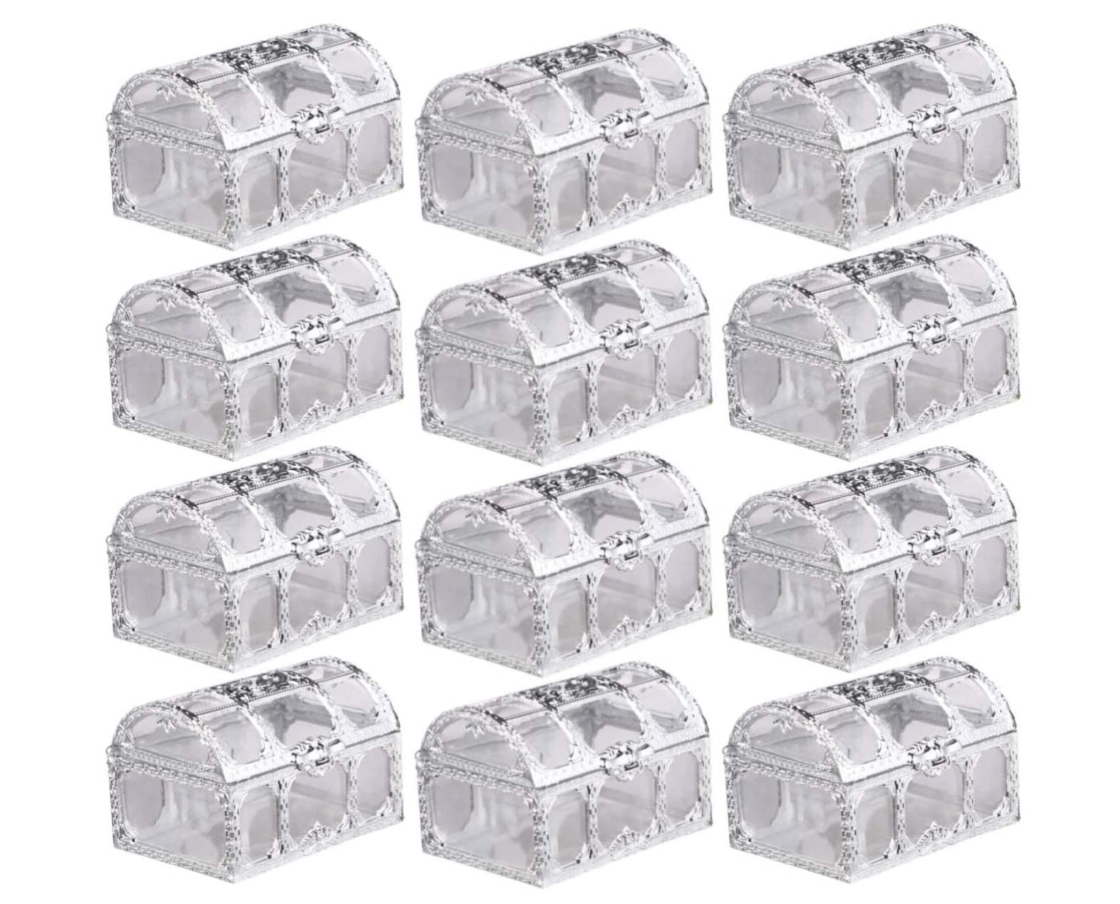 FUFU 12 Pack Treasure Chest Candy Boxes Plastic Wedding Favor Boxes Clear Jars Candy Storage Boxes Gift Boxes for Wedding Baby Shower Christmas Birthday Party Decorating Ornament Container (silver)