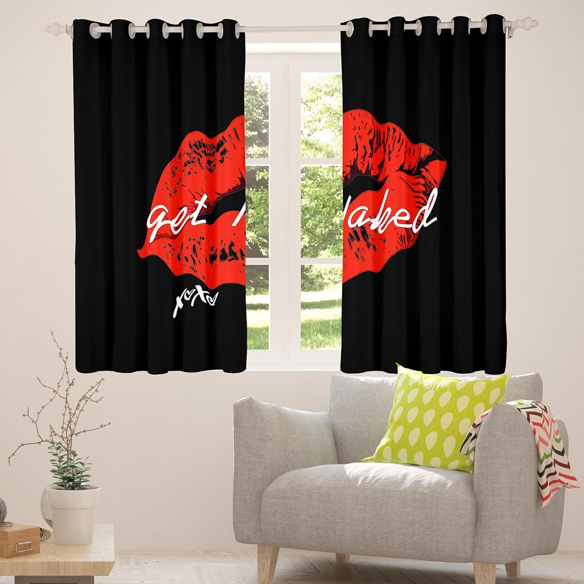 Feelyou Sexy Red Lips Curtains Get Naked Window Drapes for Couple Lover Men Women Funny Quotes Window Curtains for Bedroom Room Decor Stylish Black Red White Window Treatments， 52x63 Inches，2 Panels