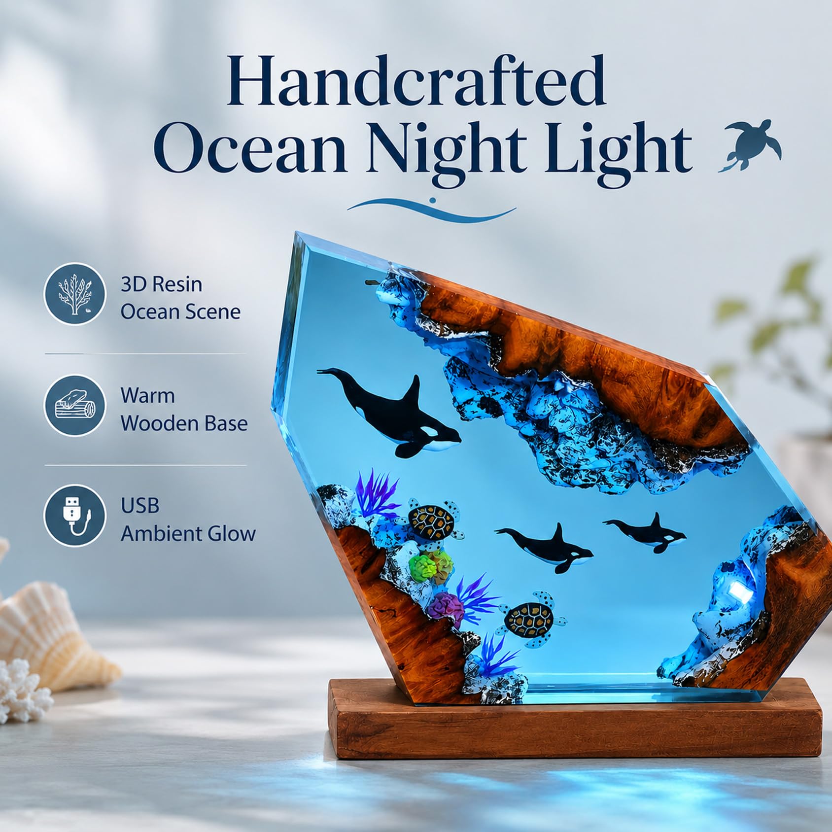 Drawelry 3D Ozean Figur Harz Statue Ornamente mit Holzsockel LED Nachtlicht Epoxidharz Meerestier Hai Wale Oktopus Taucher Figuren Skulptur Mini Meere Aquarium für Zuhause, Büro, Tisch Deko (C9)
