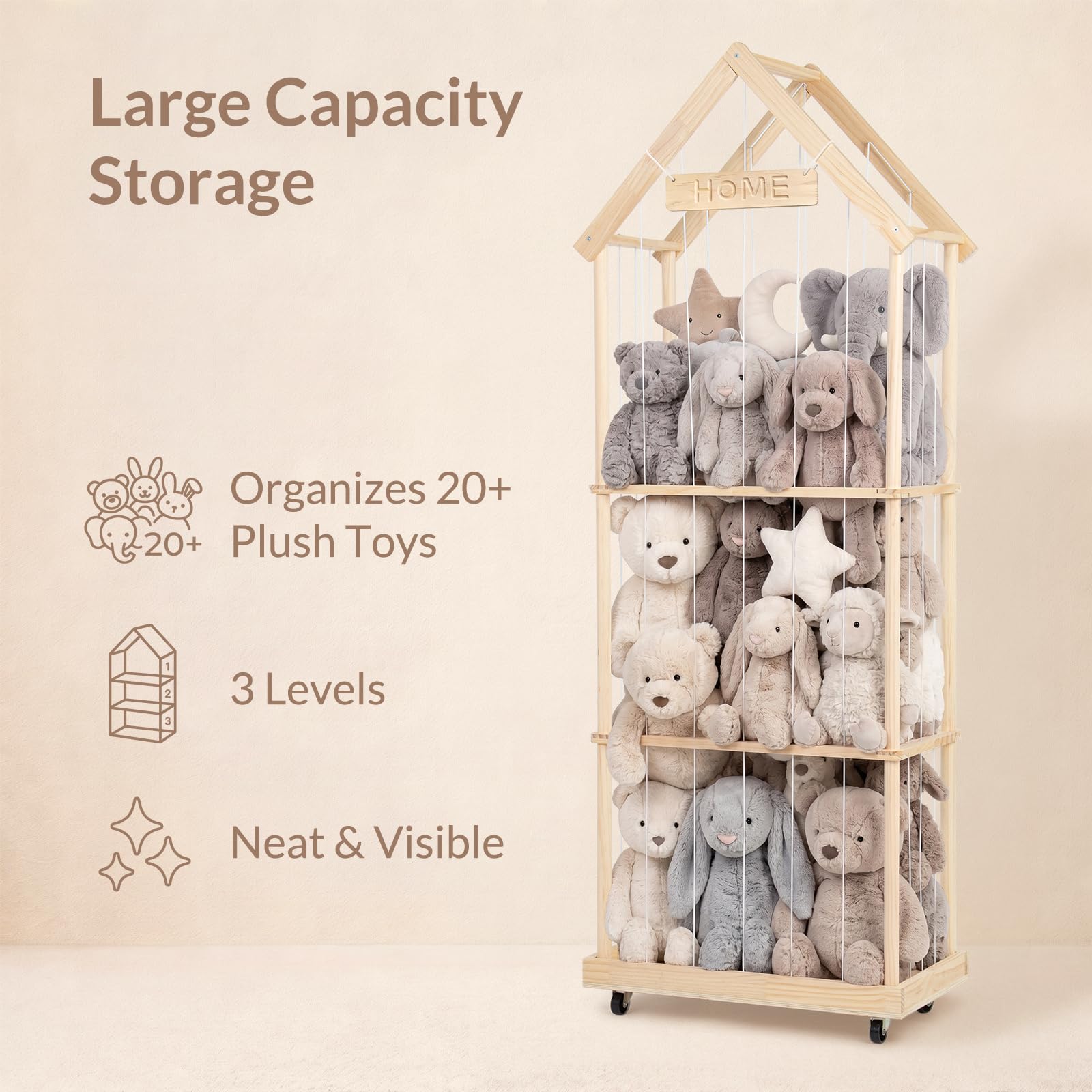 Todeco Organizador Peluches 164x32x58 cm 3 Niveles con Ruedas 360° | Espacio Extra, De Madera, Ahorro de Espacio para Dormitorio y Sala de Juegos