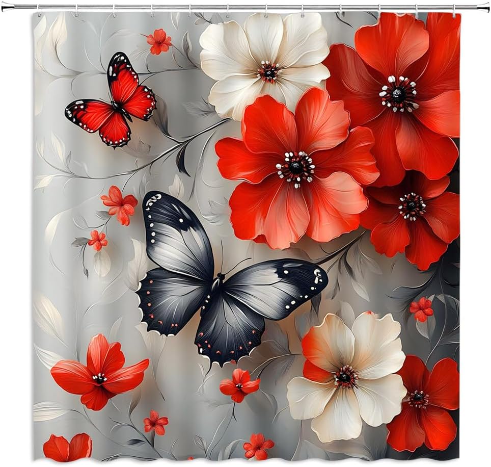 Red Flower Shower Curtain Retro Burgundy Floral Butterfly Grey Vintage Abstract Bloom Plant Bathroom Decor Curtains Polyester with Hooks