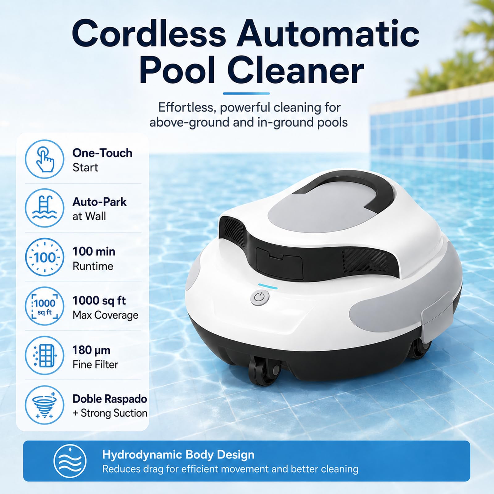 Robot Aspirador Para Piscinas Elevadas – Batería 5000mAh, Autonomía 100min | Limpiafondos Automático Sin Cable, Filtro 180μm Reutilizable, Succión 42L/min, Mango Flotante