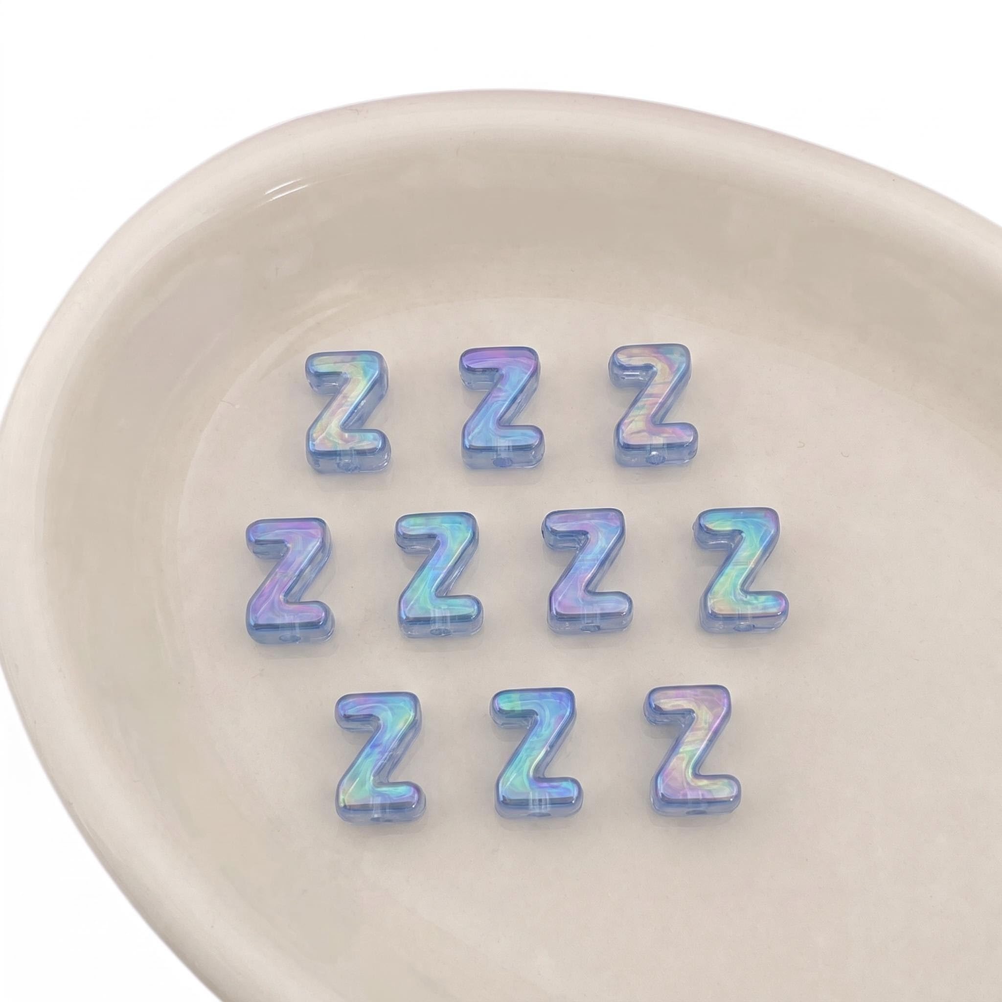 Letter Beads 10pcs, Large Acrylic Alphabet Beads with 6mm Hole, Iridescent Holographic UV Plated for Bracelet Making, Jewellery, Keyrings & Craft (Iridescent Blue, Letter Z)