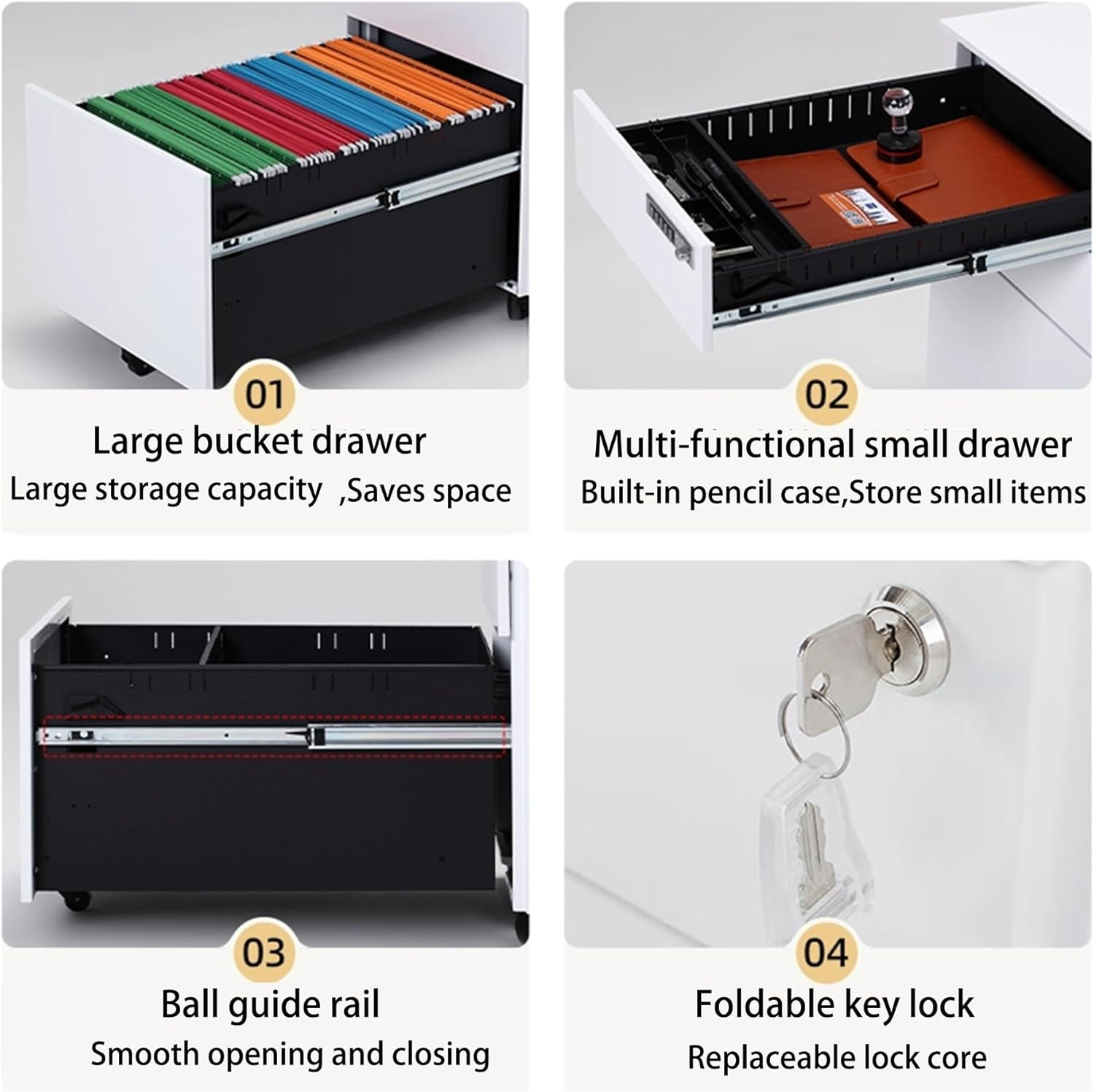 Metal Three-Drawer Filing Cabinet, Movable Narrow Vertical Filing Cabinet, Small Printer Rack, Mechanical Key Lock, Suitable for Office, Company, Study