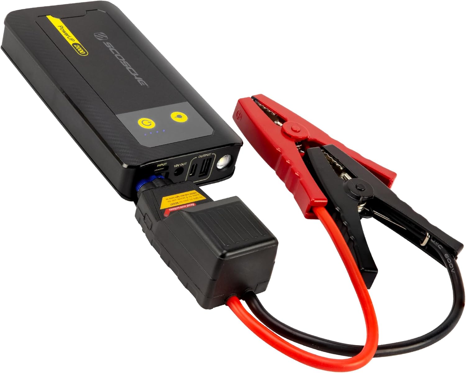 Scosche PBJ2000 Portable Car Battery Jump Starter, 12V Jump Box, 2000A Battery Booster, Jumper Cables Kit for Car (8.0L Gasoline/7.0L Diesel Engines) 30W Fast Charge Power Pack & Charger w/LED Light