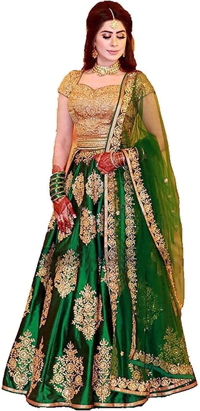 mashur fab Women's Banglori Silk Semi-stitched Lehenga Choli (Green, Free size)