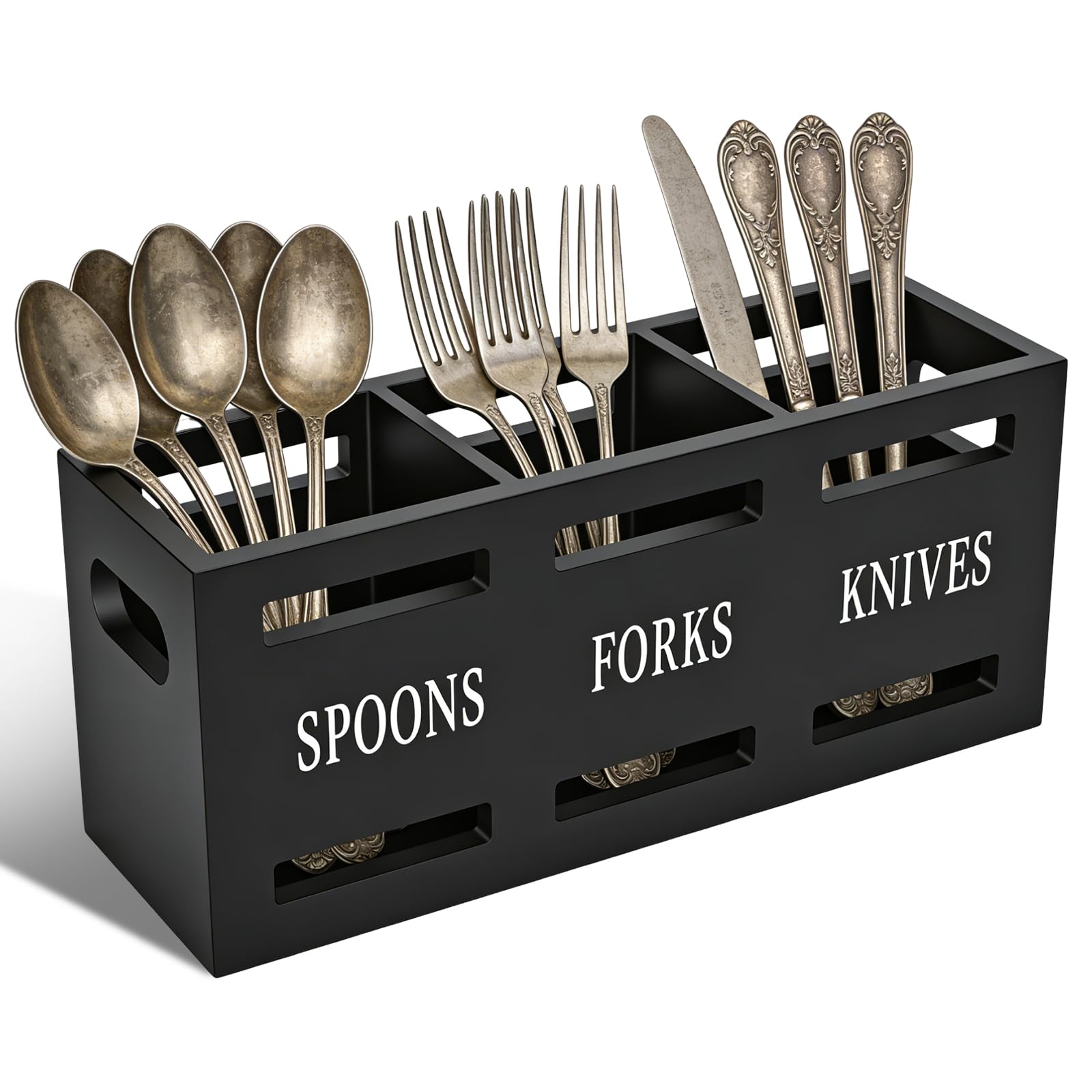 bssmmai Cutlery Set With Holder Caddy Stand Organiser Countertop for Forks, Spoons, Knives, Three Large-Capacity Compartments, Black