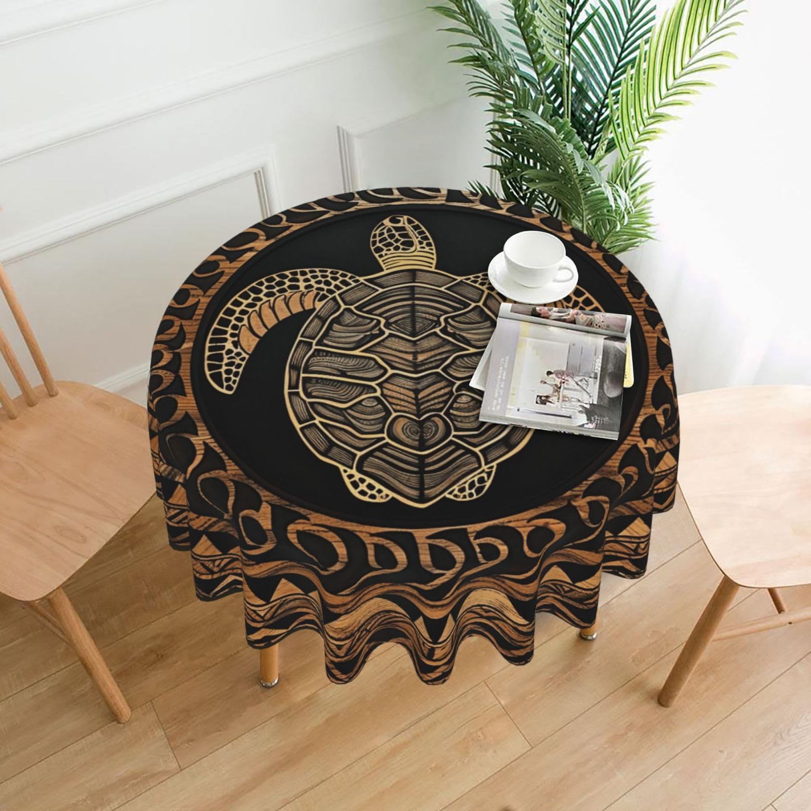 WPKJU Hawaiian Tapa Honu Turtle Printed Round Tablecloth 60 in Water Resistant Table Cover Washable Table Cloth for Dining Tables