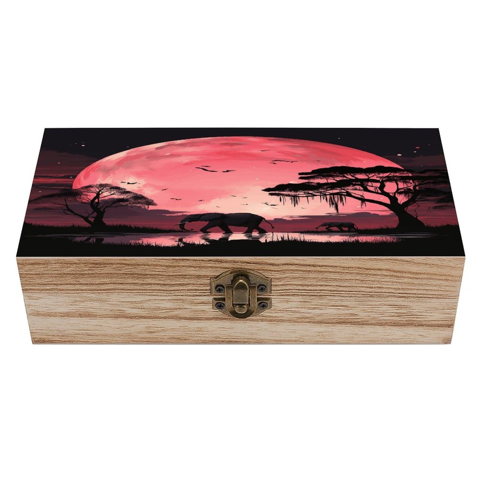 FekiLoot Pink Moon Elephant Wooden Box with Hinged Lid Vintage Storage Box Beautifully Wood Keepsake Boxes Jewellery Organiser & Trinket Holder Unique Gift Ideas for Men & Women