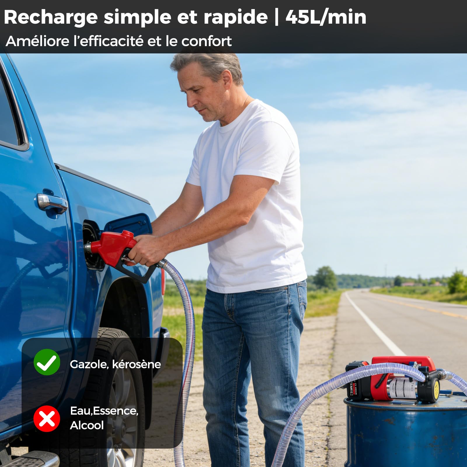 Bostar Pompe de Transfert Gasoil 21V (Compatible Makita), 45L/min Pompe à Fioul Auto-amorçante (5m) & Élévation 10m, Kit Pistolet Automatique & 5 Palettes de Rechange, pour Tracteur (GNR) & Chauffage