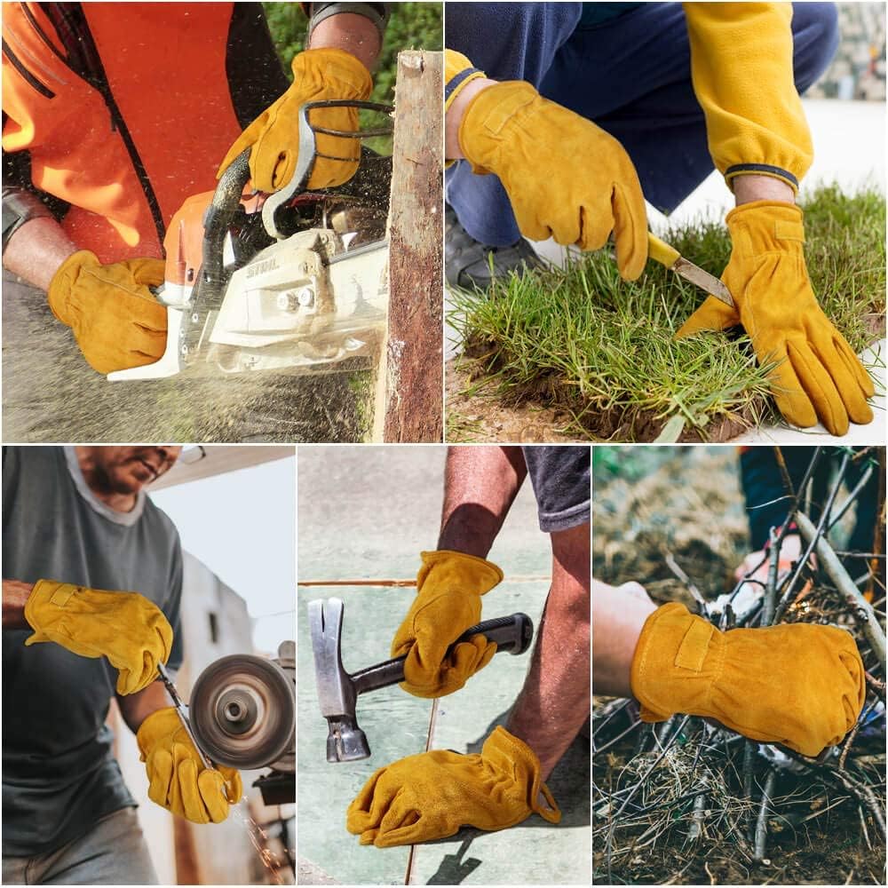 OZERO Leather Work Gloves Flex Grip Tough Cowhide Gardening Glove for Men and Women (Large, Gold With Mesh Linning) - Image 6