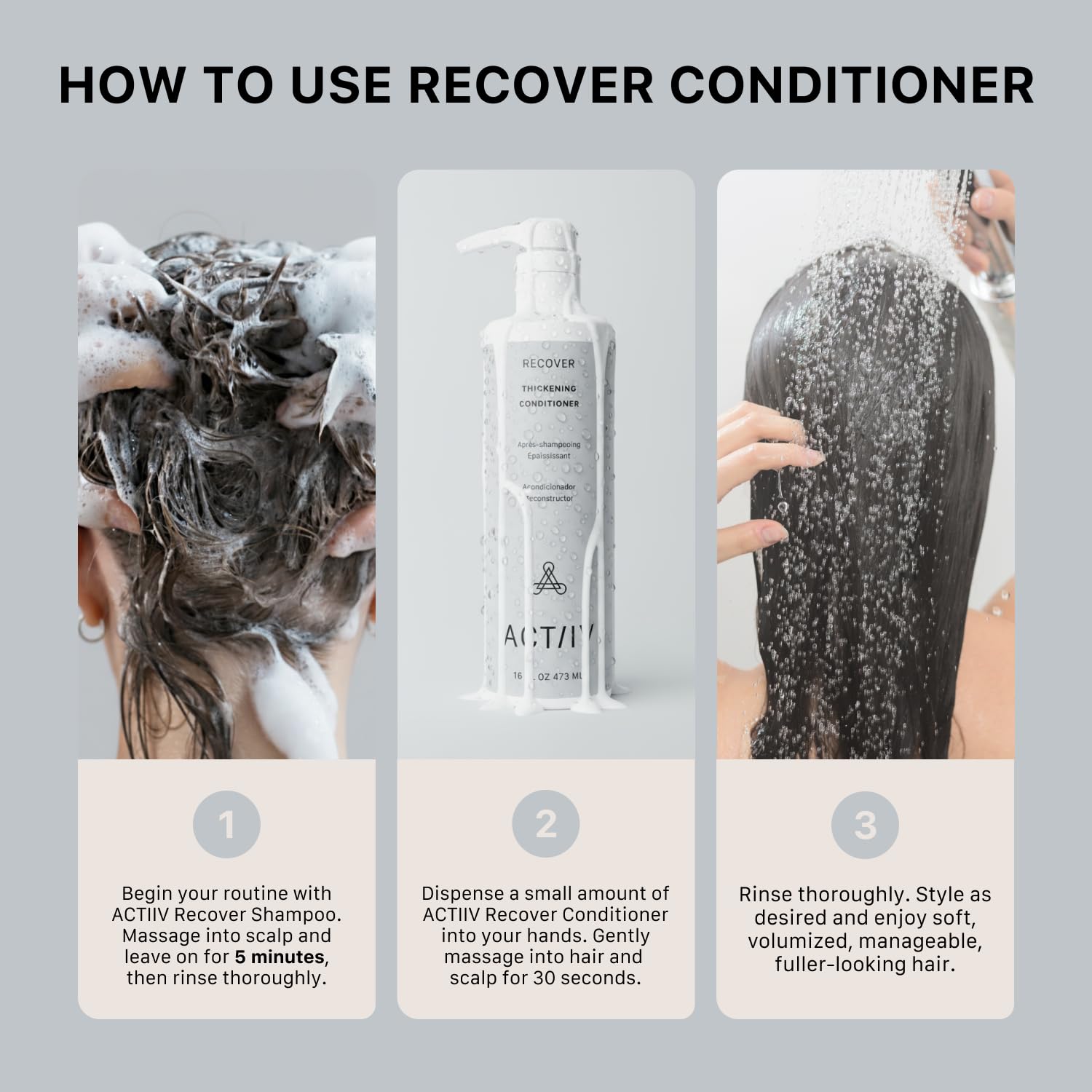 Three-step visual guide on how to use ACTIIV Recover Conditioner: shampoo, apply conditioner, rinse.