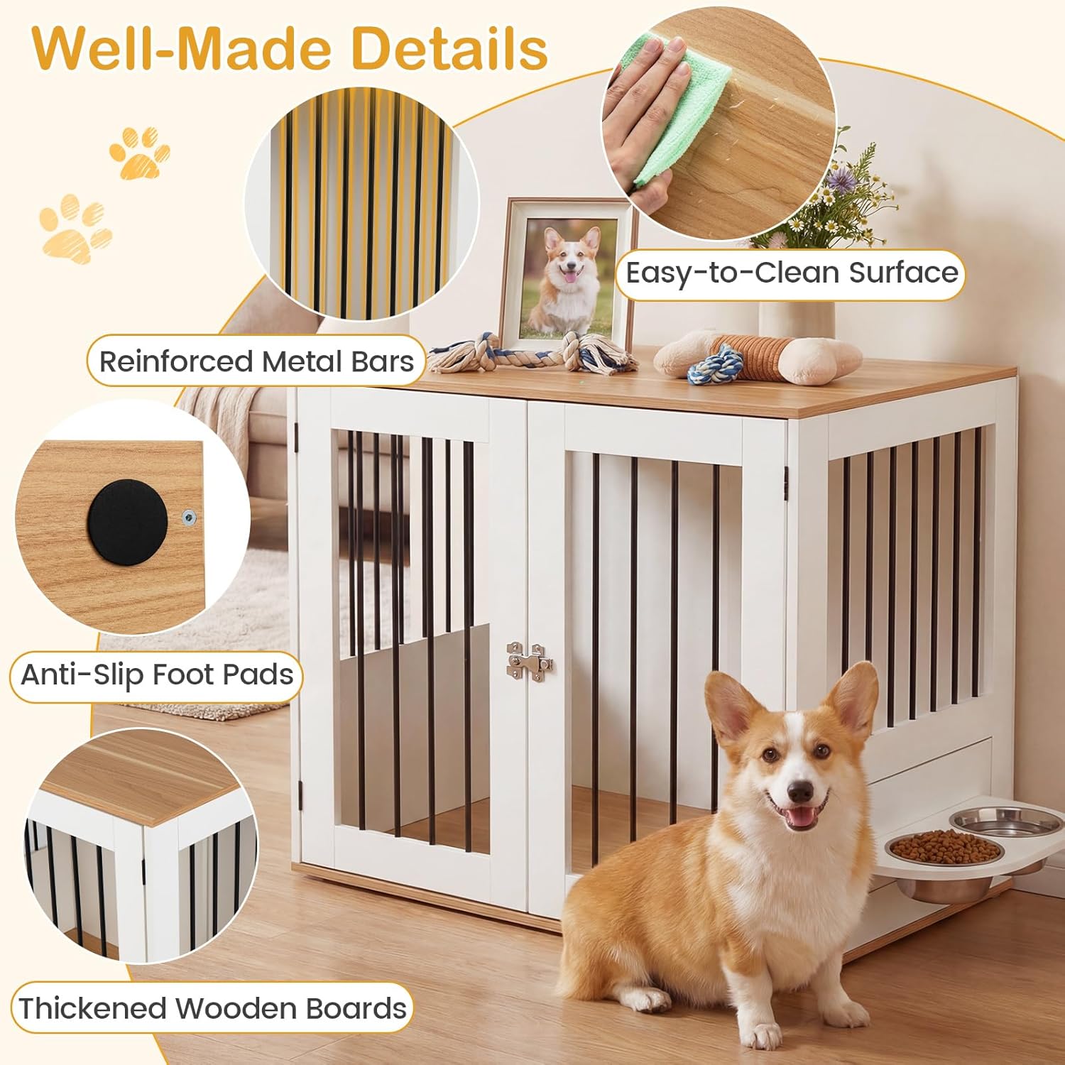 Tangkula 31.5” Dog Crate Furniture, Indoor Wooden Dog Kennel with Double Lock Doors, 360° Rotating Feeder, Bowls, Versatile Decorative Pet Cage House for Small Medium Dogs (White)