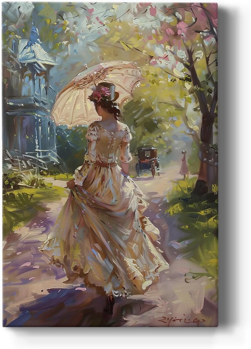 Renditions Gallery Abstract Paintings for Home Floral Hat Woman Walking White Parasol Canvas Artwork Decorations for Bedroom Office Kitchen - 8" X 12" LT561