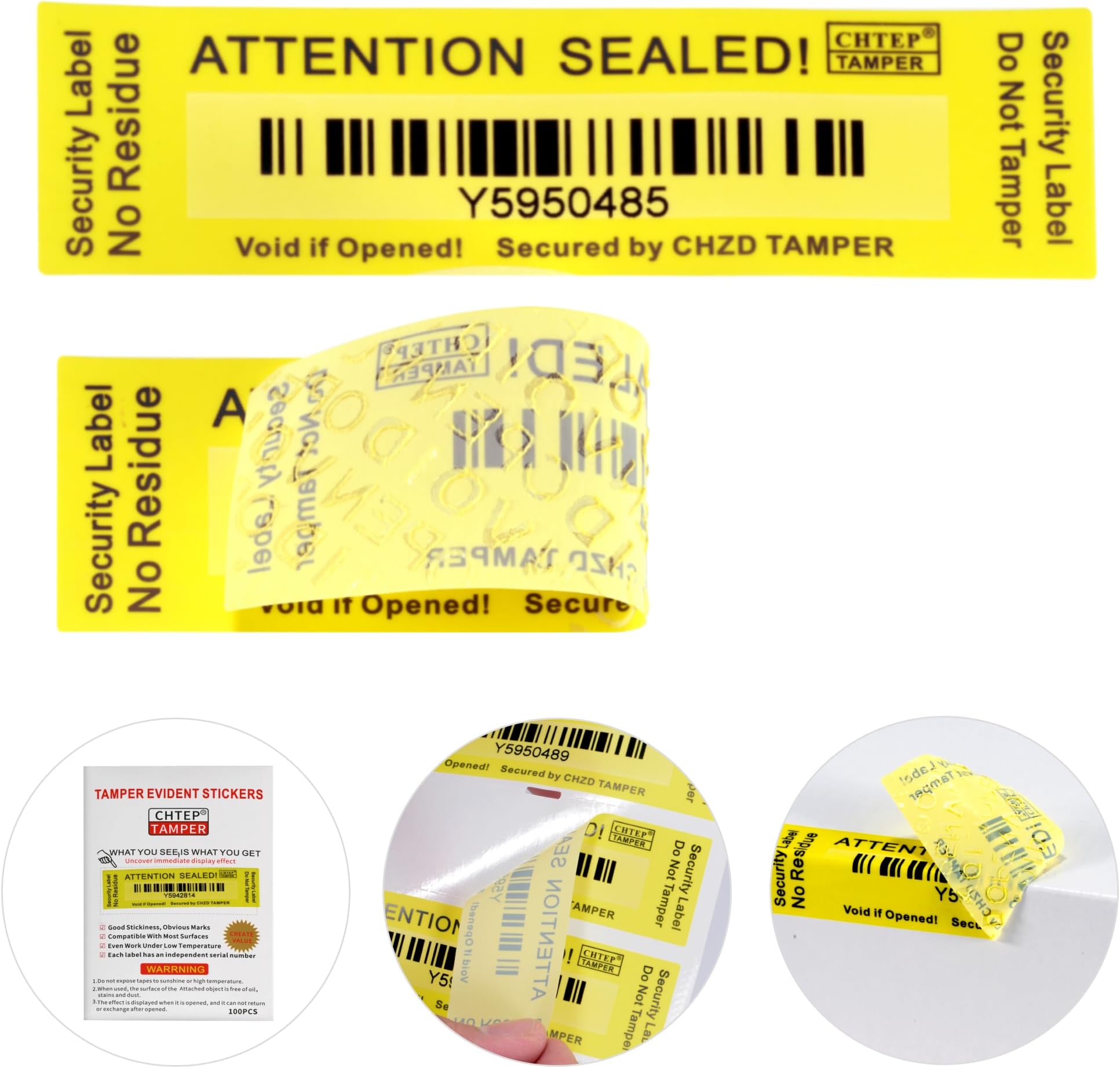 ChtepTamper 100 Pieces No Transfer Tamper-Evident Stickers Security Labels Great for Goods Shipping,Exchange of Agency Files, Privacy Protection or More (Serial Number 1 * 3.54inches Yellow)