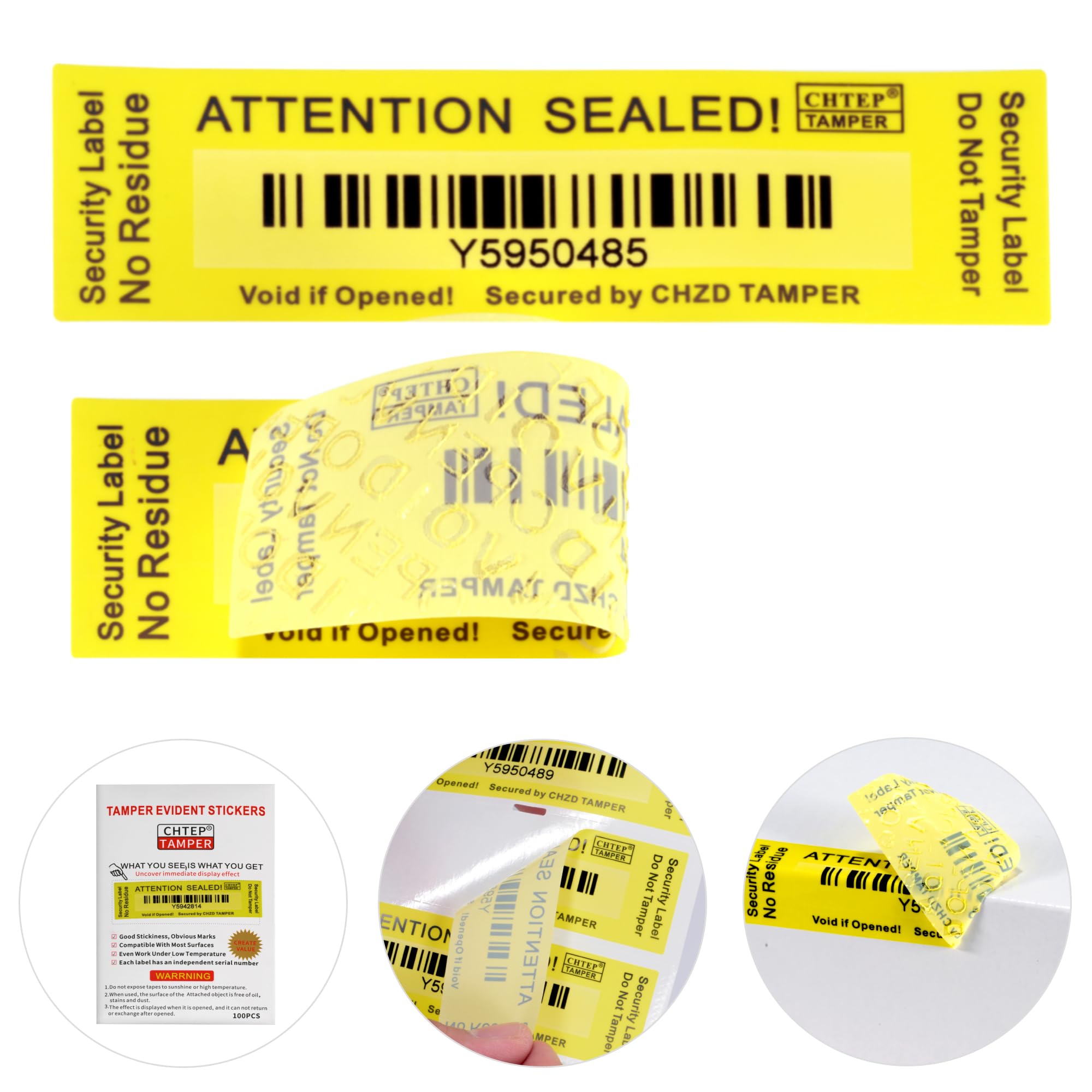 ChtepTamper 100 Pieces No Transfer Tamper-Evident Stickers Security Labels Great for Goods Shipping,Exchange of Agency Files, Privacy Protection or More (Serial Number 1 * 3.54inches Yellow)